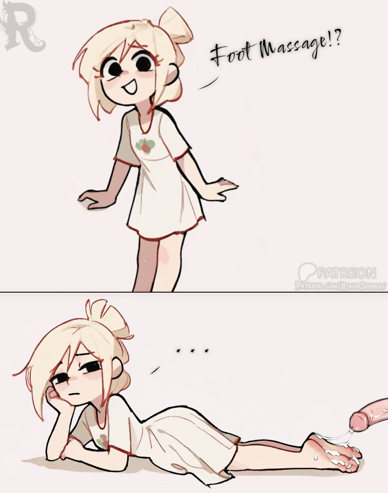 2d, 2d (artwork), bare legs, barefoot, blonde female, blonde hair, bored, bored expression, bored female excited male, cartoon, confused, confused expression, confused look, cum, cum on body, cum on feet, cute, cute expression, cute face, cute female, cute girl, ejaculating cum, ejaculation, excited, excited expression, excited female, feet, feet fetish, feet on penis, feet together, foot fetish, foot play, footjob, forced, handdrawn, happy female, innocent, irritated, natural toes, nightgown, no pants, no shoes, original, original character, petite, petite body, ponytail, short hair, smaller female, toe curl, toe scrunch, toenail polish, toenails, toes, tricked