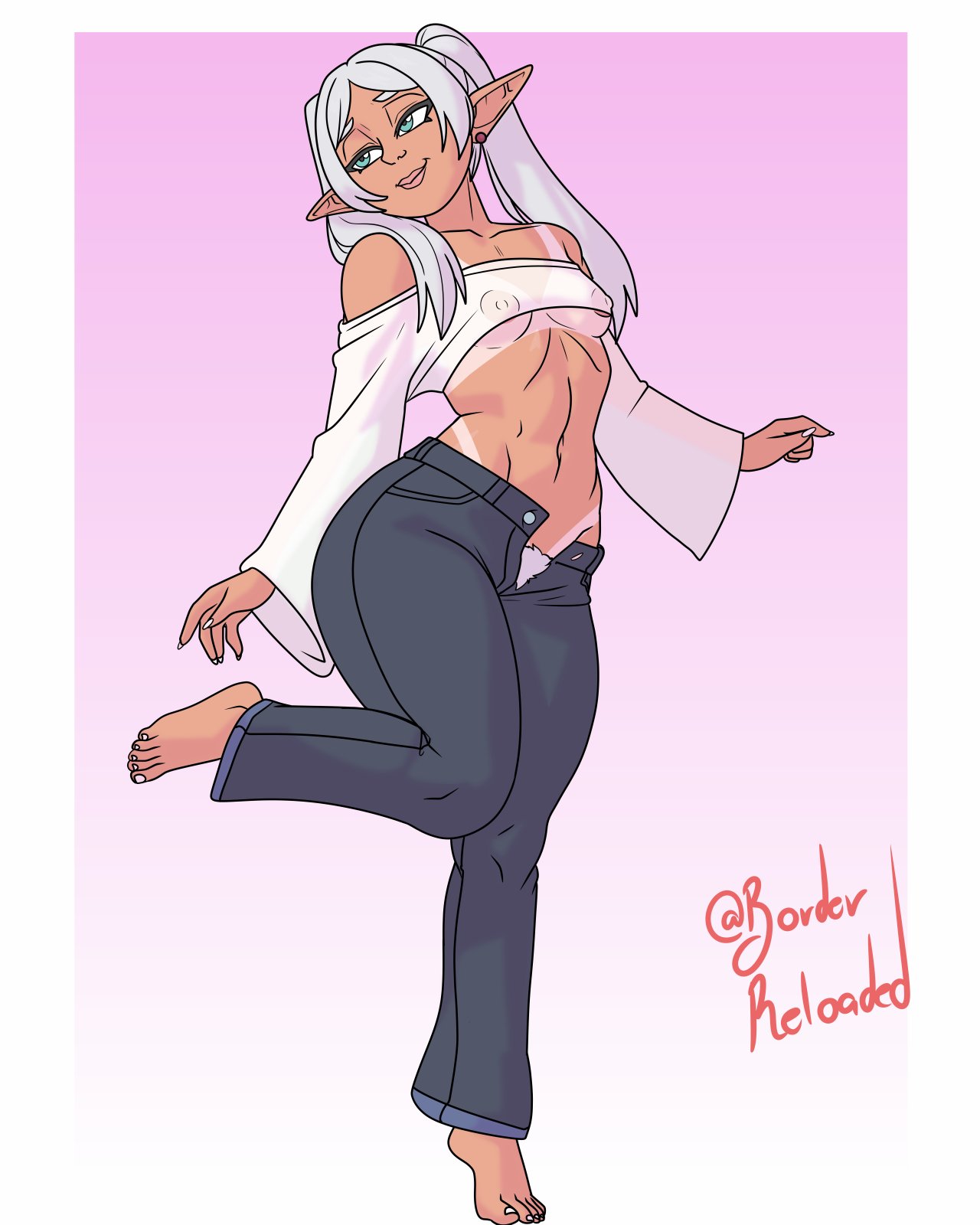 2d, barefoot, borderreloaded, busty, elf, elf ears, elf female, elf girl, female, female focus, female only, frieren, frieren beyond journey's end, full body, hairy pussy, hourglass figure, light skin, light-skinned female, long hair, nipple slip, nipples visible through clothing, pointy ears, pubes, pubic hair, pubic hair peek, skimpy, skimpy clothes, tagme, tan, tan body, tan skin, tan skinned female, tanline, twintails, white hair, wide hips