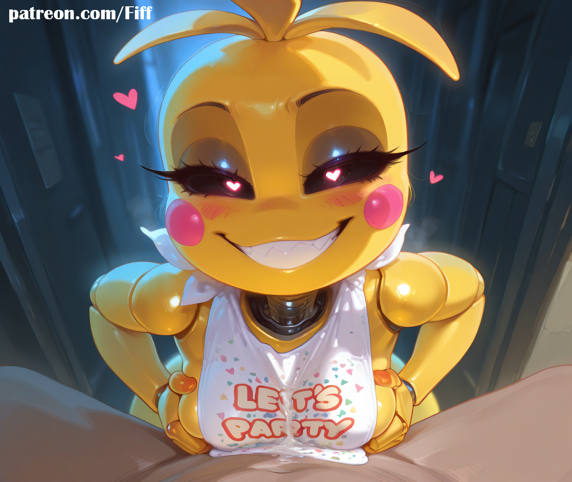 1boy, 1girls, ai generated, blowjob, boobjob, breasts, chica (fnaf), cum, cum on breasts, dripping, feet, female, fiff, five nights at freddy's, five nights at freddy's 2, furry, furry female, furry only, highres, pussy, robot, small breasts, smiling, sweat, toy chica (fnaf)