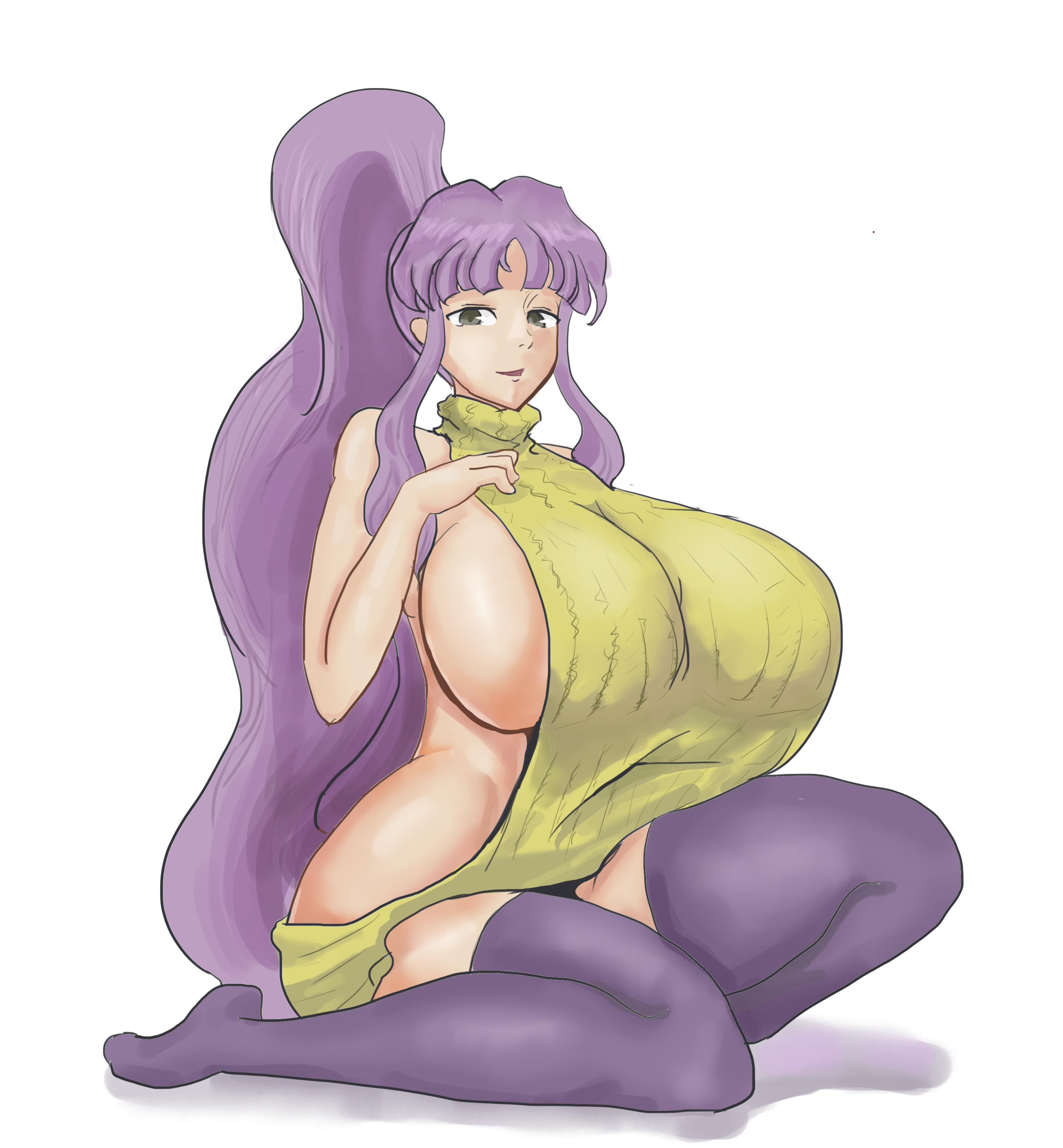 1girls, absurd res, bangs, bare shoulders, big breasts, breasts, clothing, curvy, eiken, female, female focus, female only, frequencyblue, full body, gigantic breasts, grey eyes, hips, huge breasts, human, kirika misono, large breasts, looking at viewer, no bra, no panties, open mouth, ponytail, purple hair, revealing clothes, sideboob, simple background, sitting, skimpy, solo, solo female, stockings, sweater, thighhighs, thighs, tied hair, turtleneck, very long hair, virgin killer sweater, voluptuous, white background, wide hips