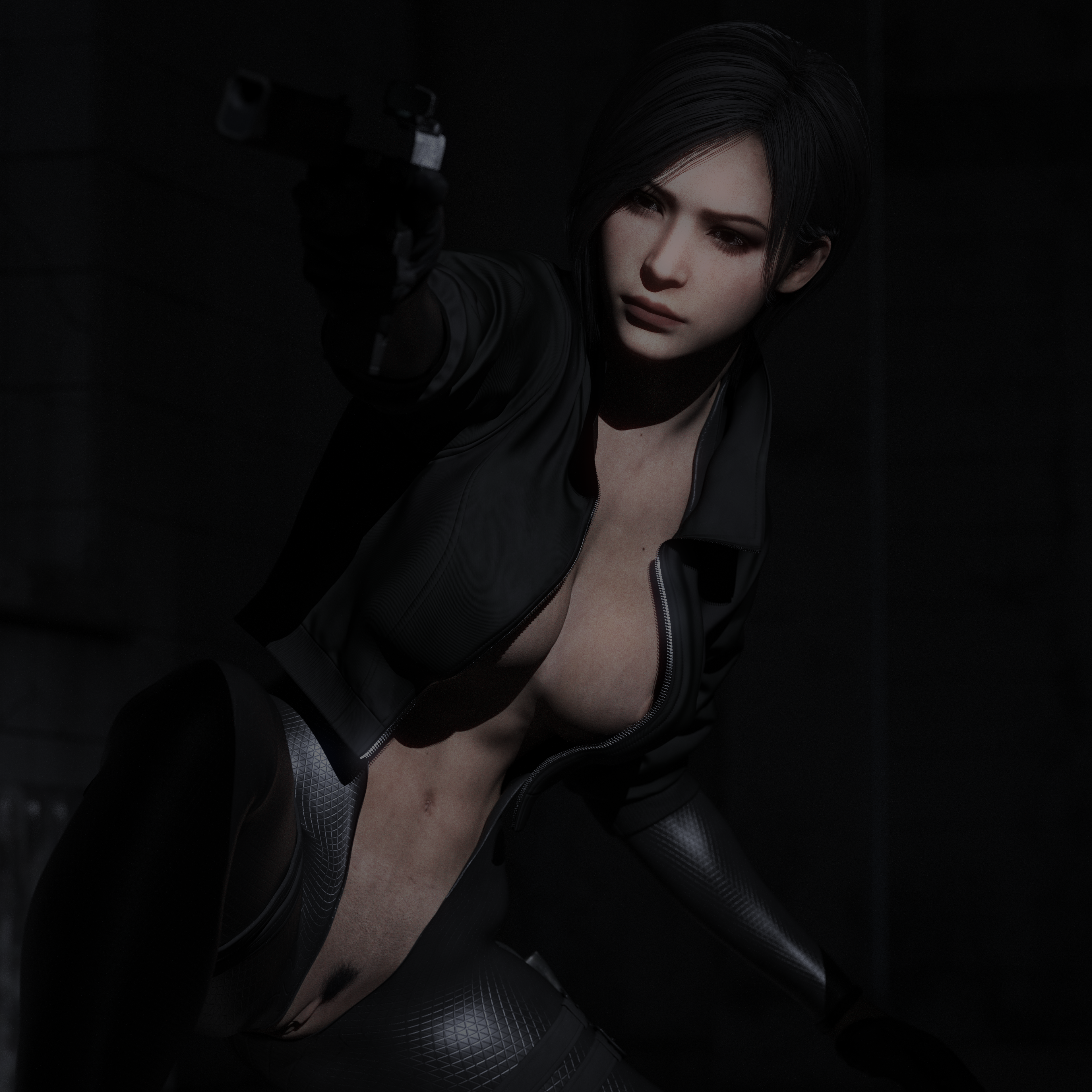 1girls, 3d, 3d render, 4k, a218, abdomen, abs, ada wong, ada wong (adriana), aiming, areola, areolae, background, big breasts, black gloves, bloom, bodysuit, breasts, cleavage, crouching, crouching female, depth of field, dirty skin, female, female focus, female only, firearm, front view, gloves, gun, hairy pussy, hi res, high resolution, highres, jill valentine bodysuit, light skin, light-skinned female, looking past viewer, muscular, muscular female, pistol, posing, pubes, pubic hair, pussy, resident evil, resident evil 2, resident evil 2 remake, resident evil 4, resident evil 4 remake, sig sauer p320, squatting, stomach, toned, trimmed pubic hair, unzipped, unzipped bodysuit, unzipped jacket, unzipped jumpsuit, visible pussy
