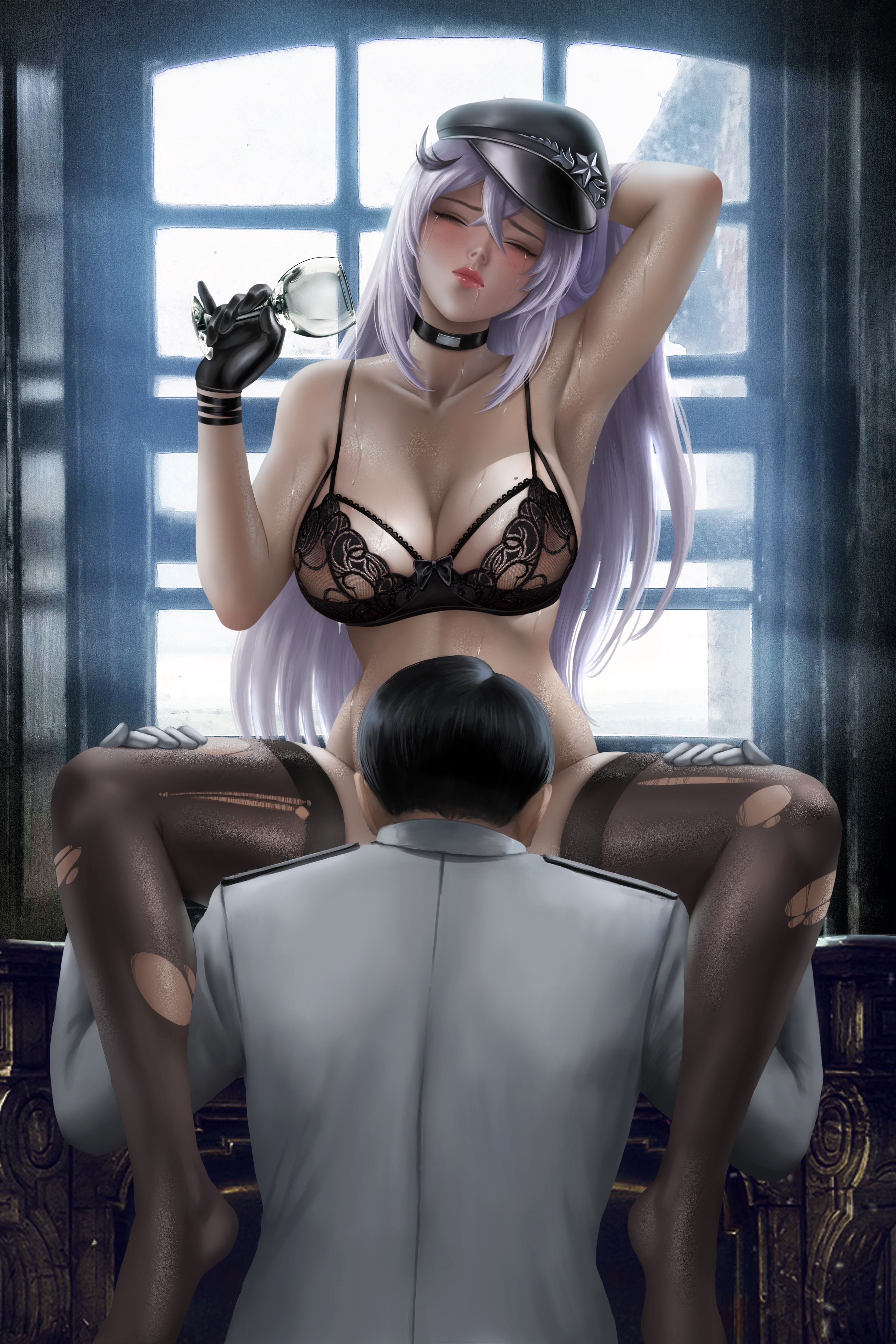 1boy, 1girls, alexander dinh, azur lane, bottomless, bra, breasts, cleavage, commander (azur lane), cunnilingus, female, gangut (azur lane), hands behind head, implied cunnilingus, implied oral, large breasts, long hair, male, oral, partially clothed, pregnant, sitting, spread legs, stockings, tears, thighhighs, torn clothes, wine glass, worship