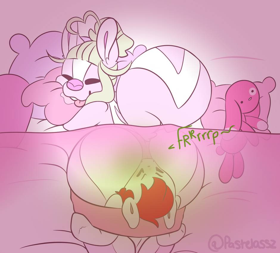 1boy 1girls anthro ass big_ass closed_eyes clothed clothing drooling duo effie_the_skunk facesitting fart fart_fetish female forced furry male my_little_pony pastelassz pillow raised_tail skunk sleeping smile tongue tongue_out under_covers