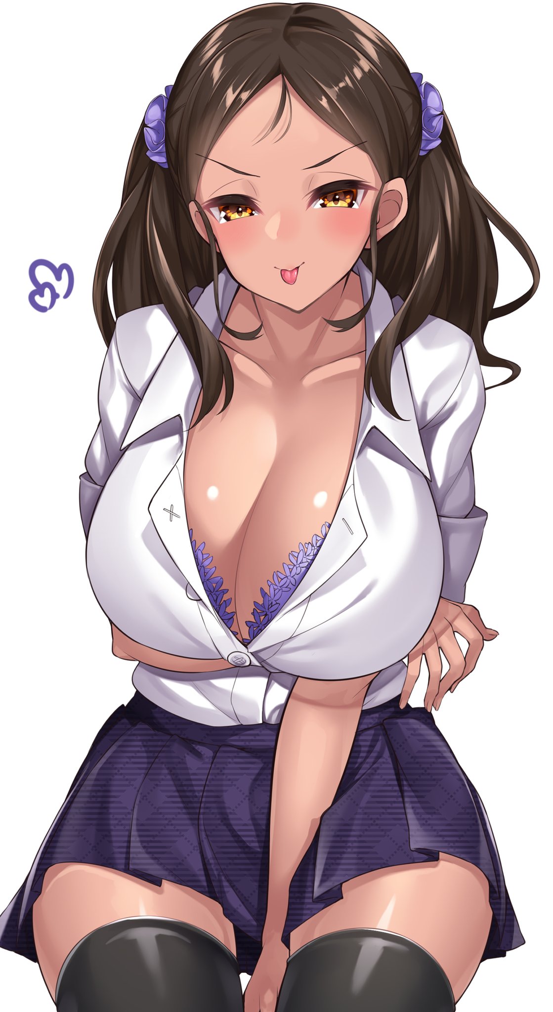 1girls, arm under breasts, bra, bra cups sticking out, breasts, female, gyaru, huge breasts, looking at viewer, miniskirt, school uniform, schoolgirl, scrunchie, tanned, thick thighs, thighhighs, tongue, tongue out, twintails, unbuttoned shirt, watosu (watosu mama), yellow eyes