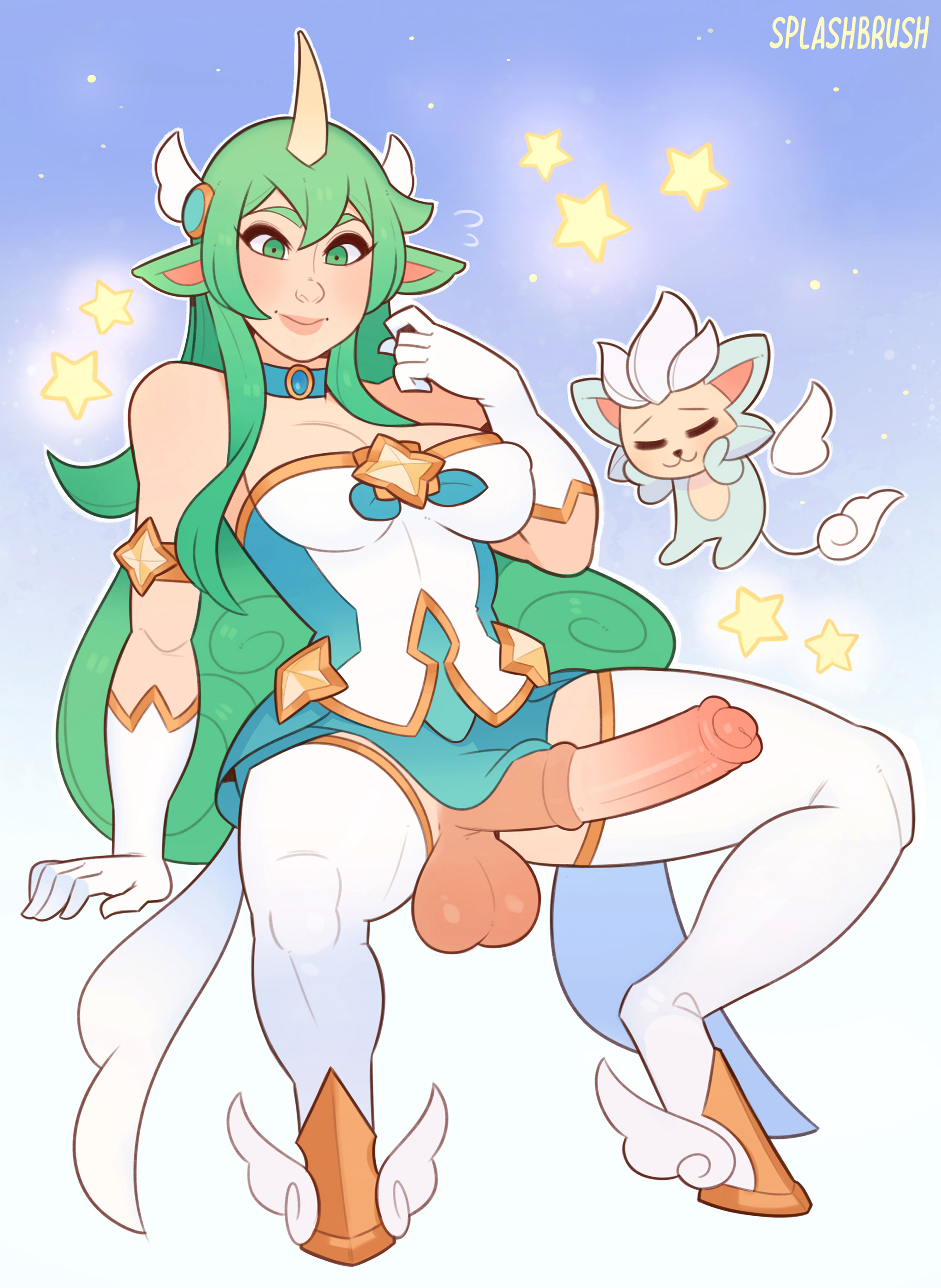 1futa, animal ears, animal genitalia, animal genitalia on humanoid, balls, big balls, big breasts, big penis, blush, breasts, celestial (league of legends), cleavage, dickgirl, erection, futanari, gloves, green eyes, green hair, hooves, horn, horsecock, horsecock futa, horsecock on humanoid, huge cock, human with animal genitalia, intersex, large breasts, league of legends, long hair, no panties, penis, pointy ears, sheath, solo, solo futa, soraka, splashbrush, spread legs, star guardian series, star guardian soraka, testicles, thick thighs, thighhighs