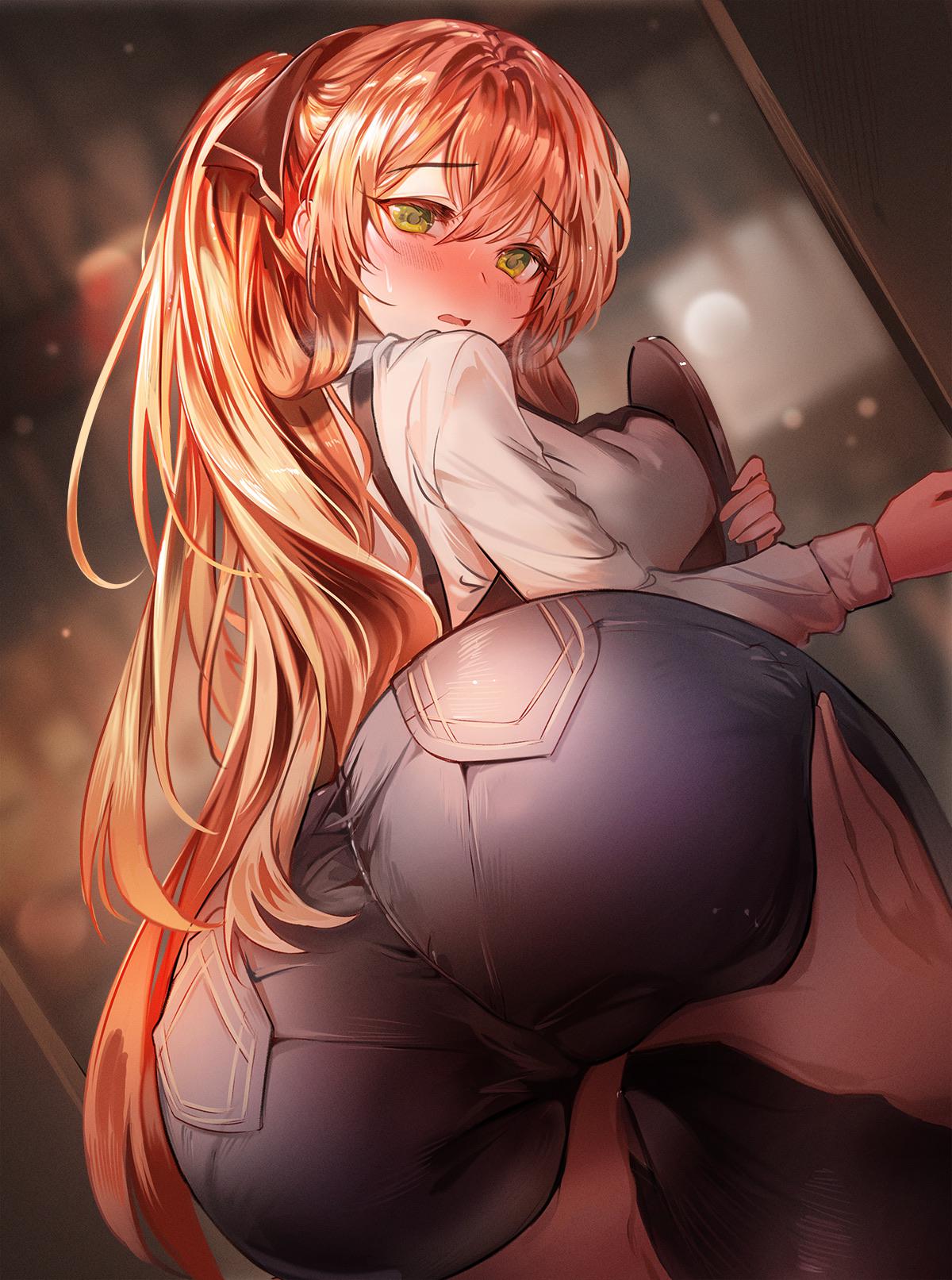 1girls, ass, ass grab, big ass, blush, breast press, breasts, embarrassed, female, girls' frontline, hair ribbon, jeans, large ass, long hair, open mouth, orange hair, pantylines, ponytail, shy, skin tight, snowru, springfield (cafe) (girls' frontline), springfield (girls' frontline), tight jeans, tight pants, yellow eyes