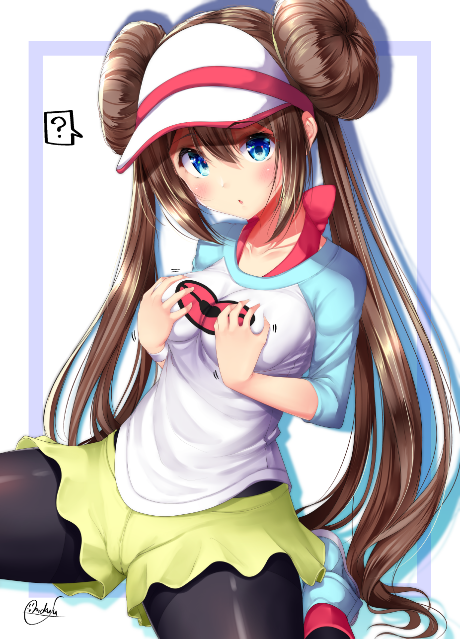 1girls :o ? black_legwear blue_eyes blush bra_strap breast_grab breast_press breasts brown_hair clothed clothing cute digital_media_(artwork) double_bun eyebrows_visible_through_hair female female_only fully_clothed hair_between_eyes hair_bun hands_on_own_breasts hat highres human human_only large_breasts legwear_under_shorts long_hair long_twintails looking_at_viewer low_twintails mokufuu nintendo open_mouth pantyhose pink_bra pokemon pokemon_bw2 ribbon rosa_(pokemon) self_fondle shadow shirt shoes short_shorts shorts signature simple_background sitting socks solo spread_legs text thighs tied_hair twintails very_long_hair visor_cap watermark yellow_shorts