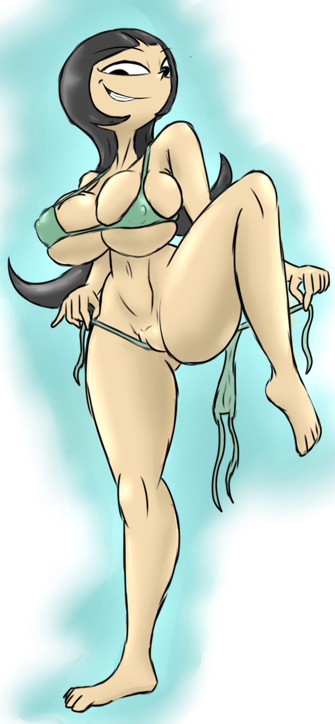 aged up, artist request, belly button, bikini, bikini bottom removed, black hair, breasts, cartoon network, dexter's laboratory, female, green bikini, half-closed eyes, lee lee, leg up, legs, long hair, pussy, smiling at viewer, teasing, toned, toned body, toned female