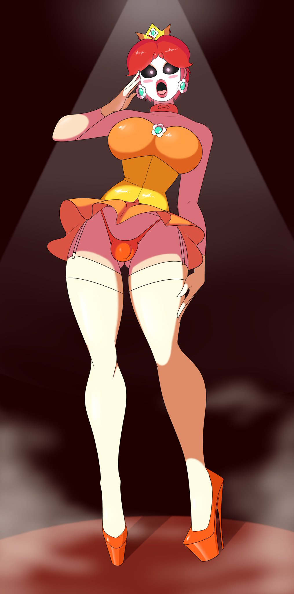 1futa, bulge, clothing, crossdressing, crossover, fire emblem, fire emblem: the binding blade, full body, futa only, futanari, high heels, hypnosis, intersex, mario (series), mind control, nintendo, princess daisy (cosplay), roy (fire emblem), sealguy, shy gal (cosplay), solo, solo futa, standing, thighs, tight clothing, zettai ryouiki