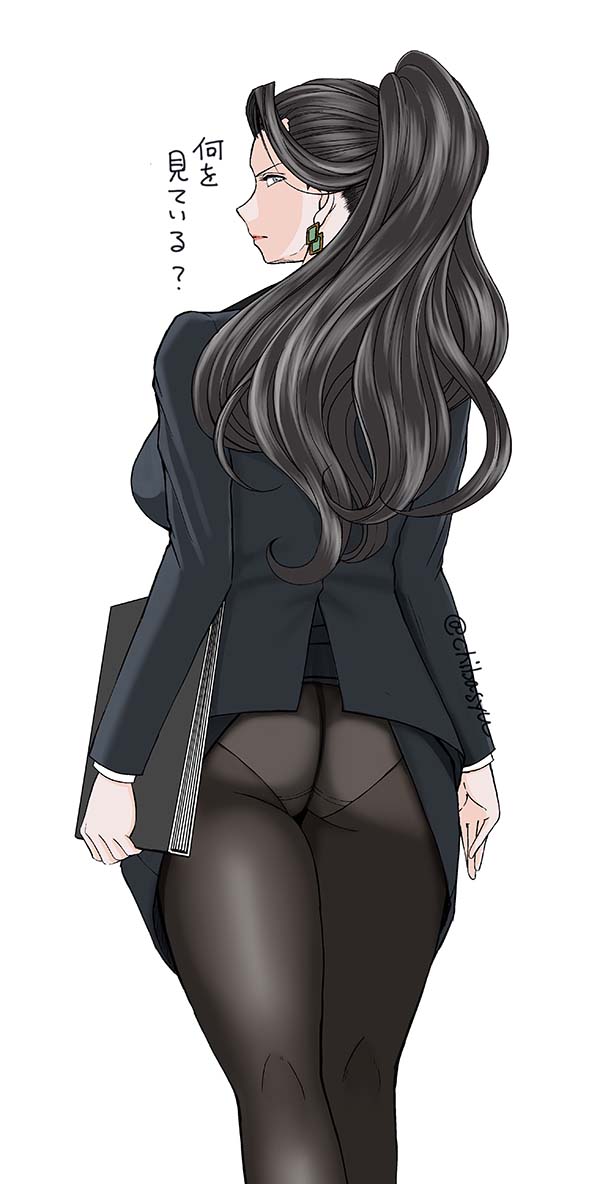 big_ass big_breasts black_hair black_skirt blouse business_suit business_woman chiba_shuusaku dress_shirt executive_mishiro female female_only idolmaster long_hair looking_back mature_female office_lady pantyhose pencil_skirt ponytail skirt skirt_lift skirt_suit solo solo_female solo_focus suit