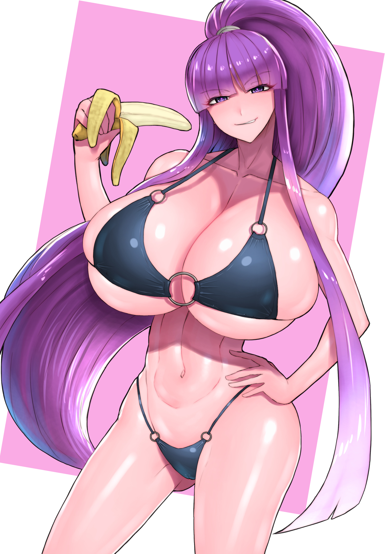 1girls, ass, ass visible through thighs, banana, bangs, bare shoulders, big breasts, bikini, breasts, cleavage, clenched teeth, clothing, collarbone, curvy, eiken, eyebrows visible through hair, eyelashes, eyes visible through hair, female, female focus, female only, food, fruit, g-string, gigantic breasts, grin, half-closed eyes, hand on hip, highres, hips, holding, holding object, huge breasts, human, kirika misono, large breasts, looking at viewer, navel, parted lips, pink background, ponytail, purple eyes, purple hair, revealing clothes, shiny skin, sideboob, simple background, skimpy, skindentation, smile, smirk, solo, solo female, swimsuit, thighs, thong, tied hair, underboob, very long hair, voluptuous, white background, wolffeld price