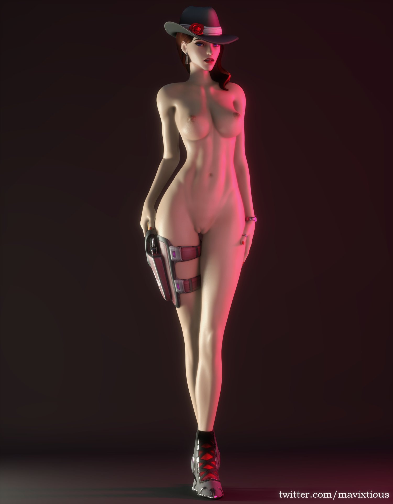 1girls, 3d, areolae, ashe (overwatch), big breasts, blender, breasts, female, female only, gangster ashe, large breasts, looking at viewer, mavixtious, nipples, nude, overwatch, pussy, solo, thick thighs, wide hips