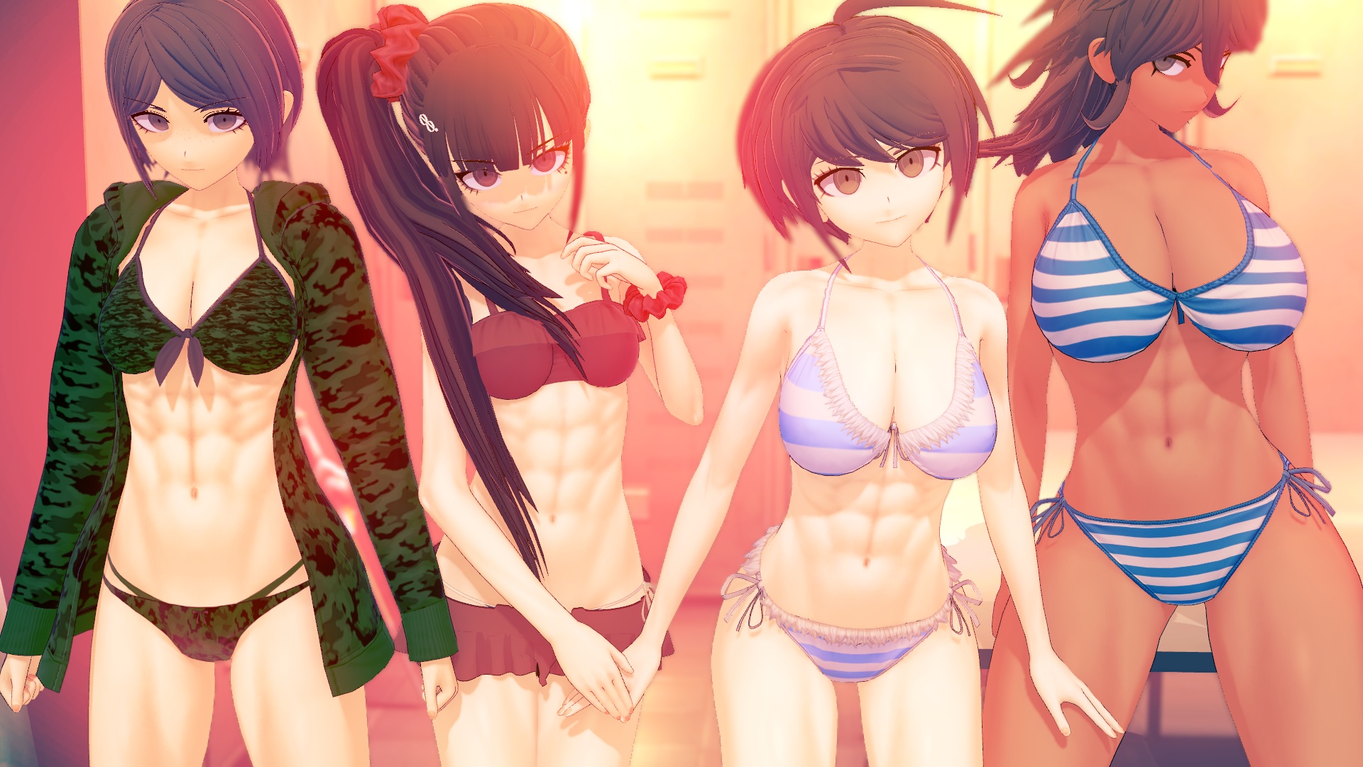 3d, 4girls, abs, big breasts, bikini, bra, breasts, busty, danganronpa, danganronpa ultra despair girls, female, female only, harukawa maki, hotel, hourglass figure, huge breasts, koikatsu, large breasts, mukuro ikusaba, muscular, muscular female, naegi komaru, owari akane, panties, straight hair, voluptuous, voluptuous female