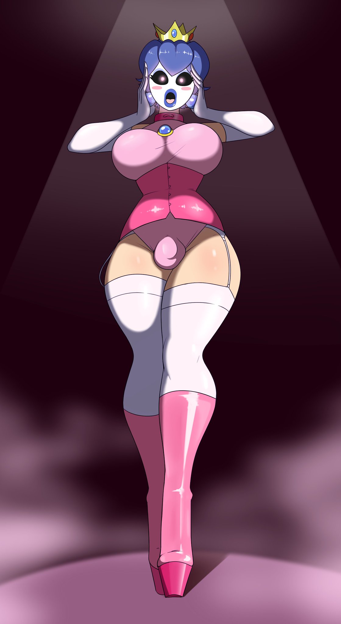 1boy, bimbo, breasts, bulge, clothing, crossdressing, crossover, fake breasts, fire emblem, fire emblem: mystery of the emblem, fire emblem: shadow dragon and the blade of light, full body, high heel boots, high heels, hypnosis, latex, male, male with breasts, mario (series), marth (fire emblem), mind control, nintendo, panties aside, princess peach (cosplay), sealguy, shy gal (cosplay), sissy, solo, standing, thighs, tight clothing, zettai ryouiki