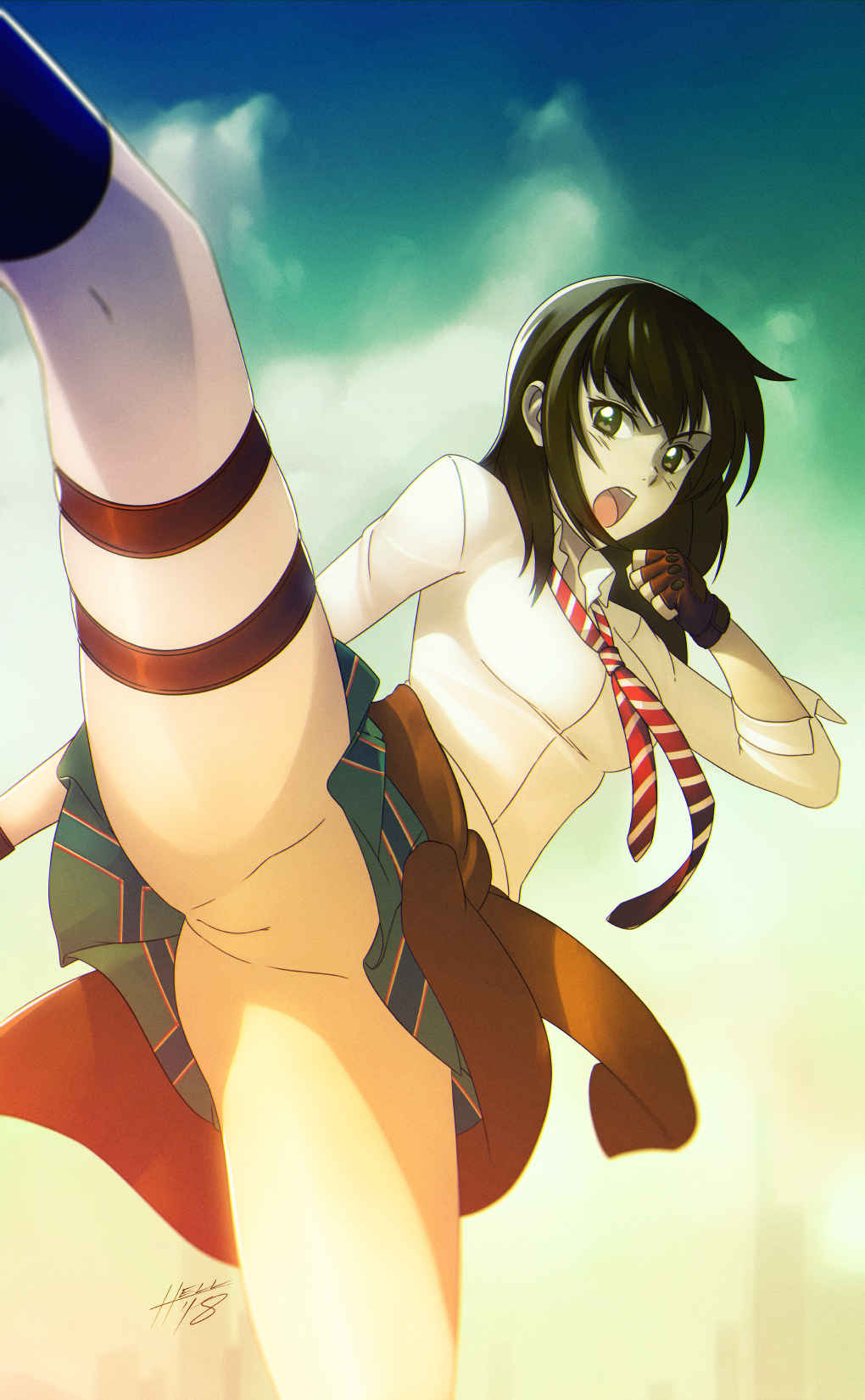 1girls angry ass black_hair clenched_hand clothes_around_waist clothing coppelion female fighting_stance fingerless_gloves gloves hell_machina high_kick highres kicking long_hair looking_at_viewer miniskirt naruse_ibara no_panties open_mouth outdoors pale_skin pleated_skirt pussy skirt sky solo spread_legs striped thigh_strap