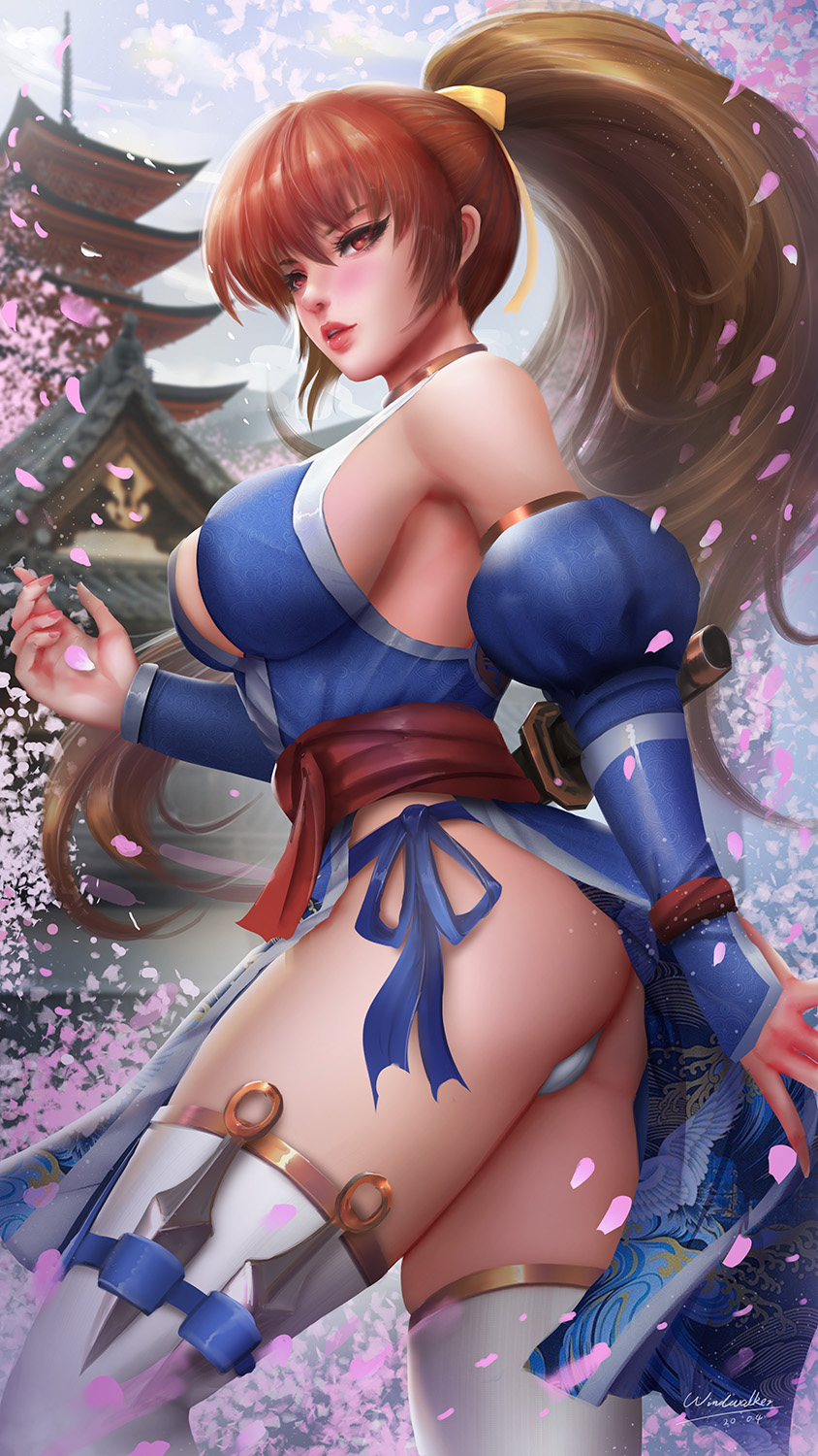 1girls, ass, big ass, big breasts, breasts, cleavage, dead or alive, female, female only, human, human only, kasumi (doa), large breasts, looking at viewer, looking back, solo, thighhighs, windwalker