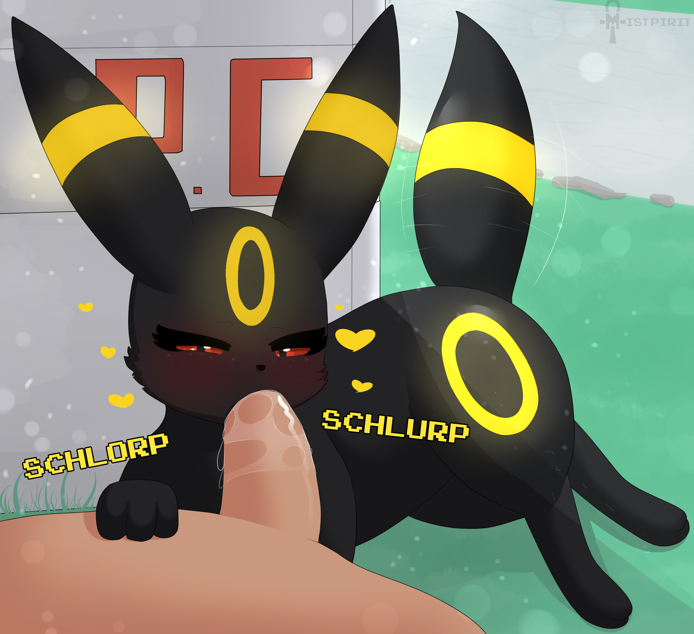 1boy, ambiguous gender, black body, black fur, blush, bodily fluids, duo, eeveelution, english text, fellatio, fellatio from feral, female, feral, fur, furry, half-closed eyes, heart, hi res, human, human on feral, human penetrating, interspecies, larger male, male, male on feral, mammal, mistpirit, nintendo, oral, penetration, penis, pokémon (species), pokemon, pokemon (species), pokemon gsc, pokephilia, red sclera, saliva, saliva on penis, size difference, text, umbreon, video games, zoophilia
