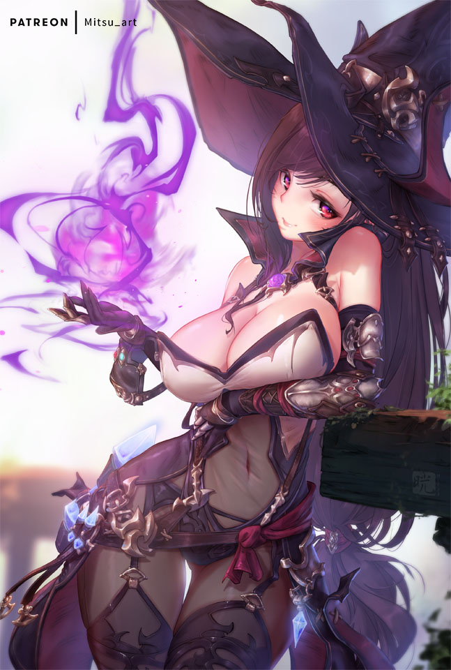 1girls, alternate costume, alternate version available, big breasts, black hair, bracelet, breasts, cleavage, clothed, female, female only, final fantasy, final fantasy vii, gloves, hat, large breasts, leaning on elbow, long hair, looking at viewer, magic, mitsu art, see-through, skimpy, smile, solo, source request, standing, tagme, tifa lockhart, tight clothing, witch hat