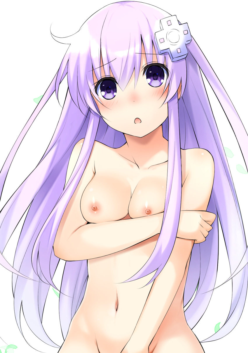 :o areola arm_support arm_under_breasts blush breast_hold breasts covering covering_crotch d-pad_hair_ornament doria_(5073726) embarrassed female_only hair_between_eyes highres long_hair looking_at_viewer navel nepgear neptunia_(series) nipples nude out_of_frame_censoring purple_eyes purple_hair white_background