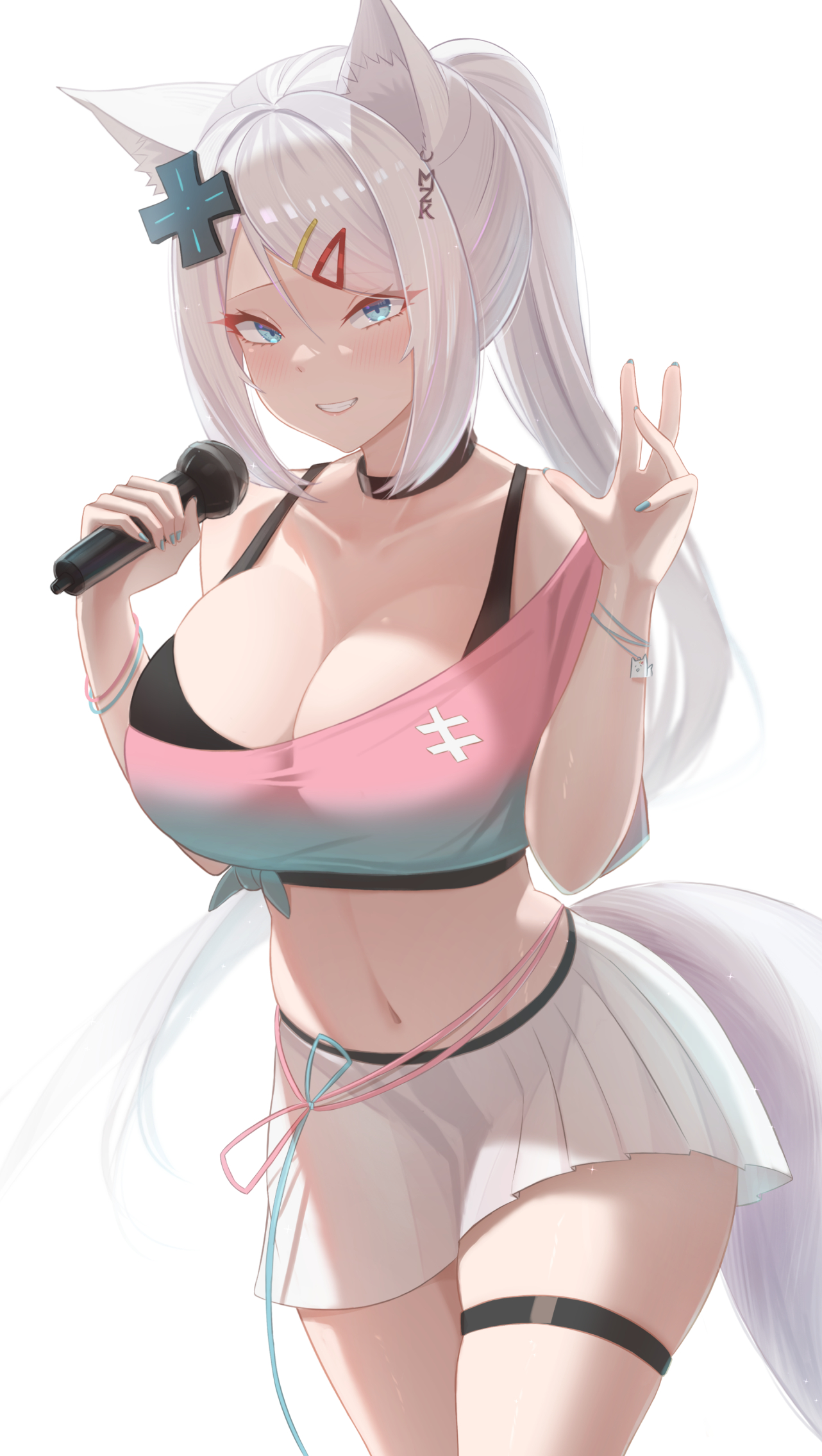 animal ears, bare shoulders, black bra, bra, breasts, busty, can zhu, choker, cleavage, female, fox ears, fox girl, indie virtual youtuber, meridian project, microphone, midriff, miniskirt, mizuki (vtuber), navel, skirt, thigh strap, virtual youtuber, white background, white hair, white skirt