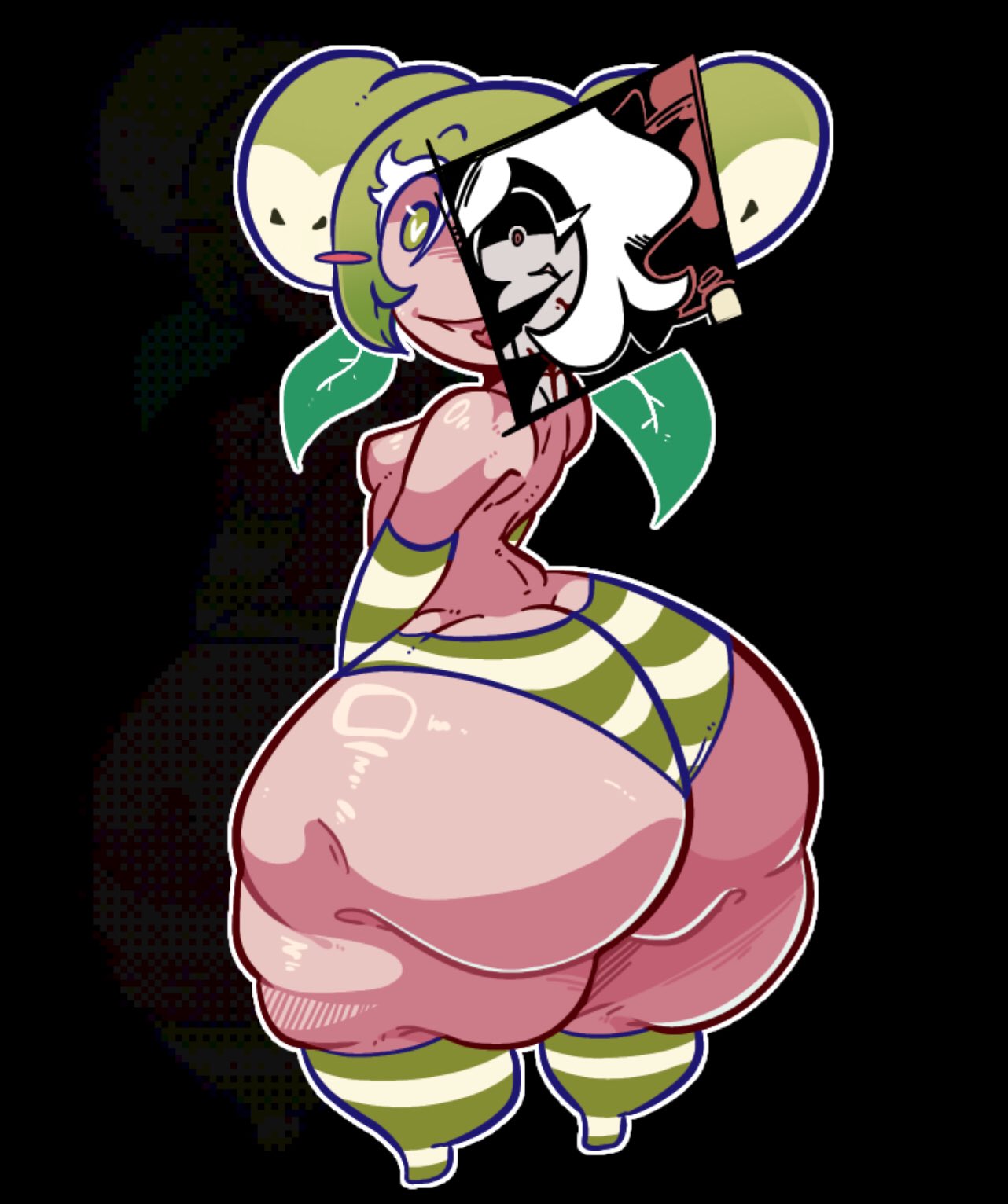 apple faerie cookie, ass, ass bigger than head, back view, big ass, black background, candy apple cookie, cookie run, cookie run kingdom, gloves, green eyes, green hair, looking at viewer, looking back, moonrainum, smiling, smiling at viewer, stockings, underwear