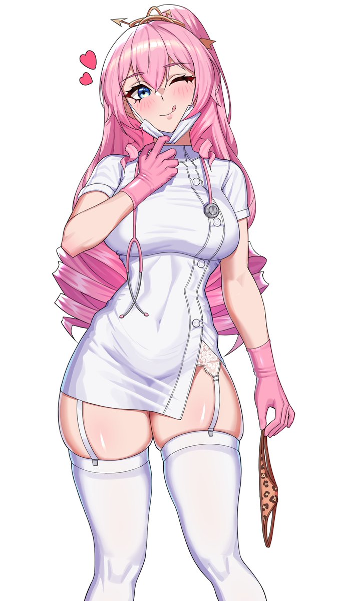 3am, big breasts, garter straps, gloves, heart, heart symbol, holding panties, krab (artist), latex gloves, leopard print panties, long hair, medical gloves, medical mask, no panties, nurse, nurse uniform, olivia monroe, panties removed, pink gloves, pink hair, stockings, teasing, thick thighs, thigh squish, tongue out, virtual youtuber, winking, winking at viewer