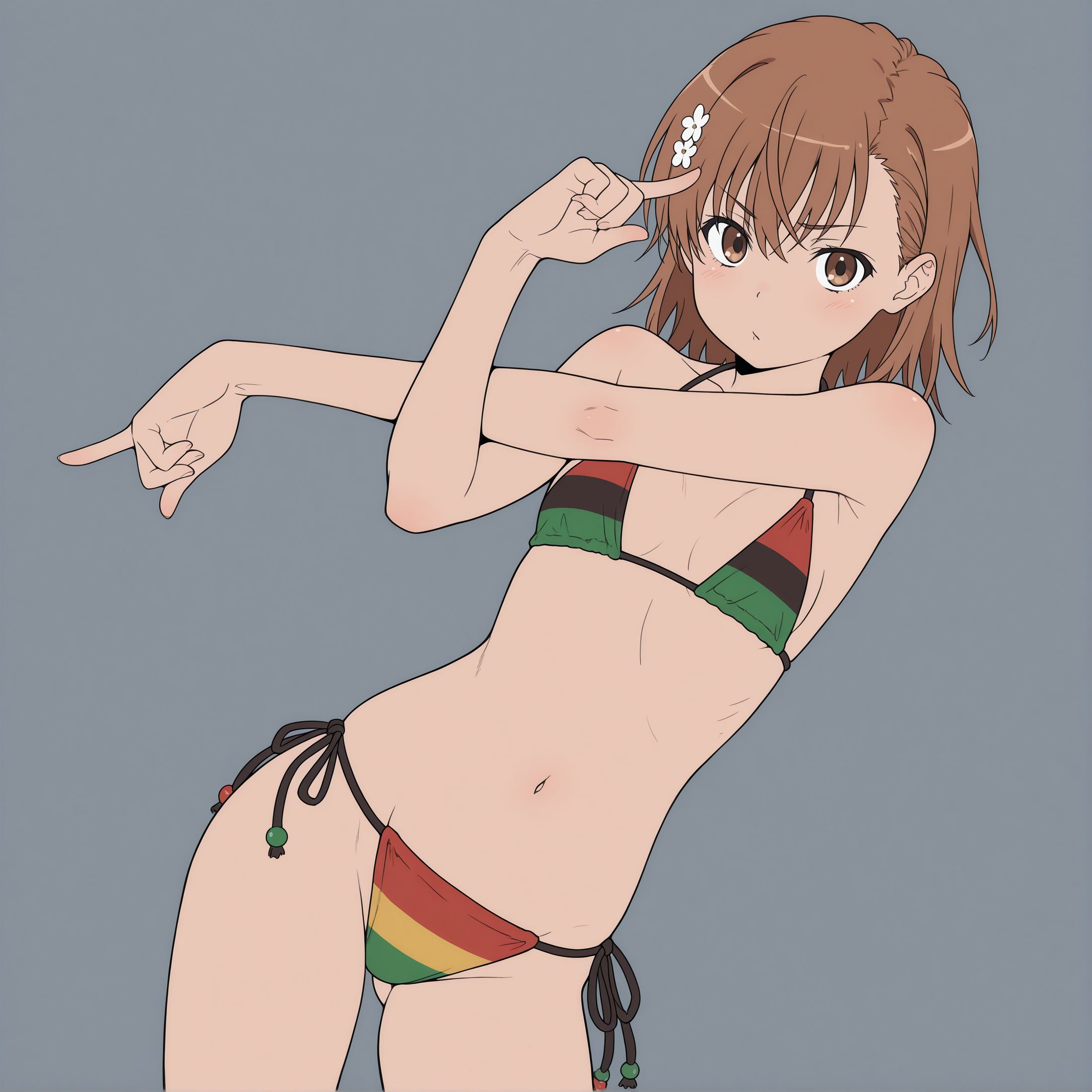 1girls, ai generated, bikini, bikini bottom, bikini top, crossed arms, cuckold, female, femdom, interracial, light-skinned female, misaka mikoto, navel, netorare, ntr, pan-african flag, pan-african flag bikini, pointing, pose, shrubby, teasing, toaru kagaku no railgun, toaru majutsu no index