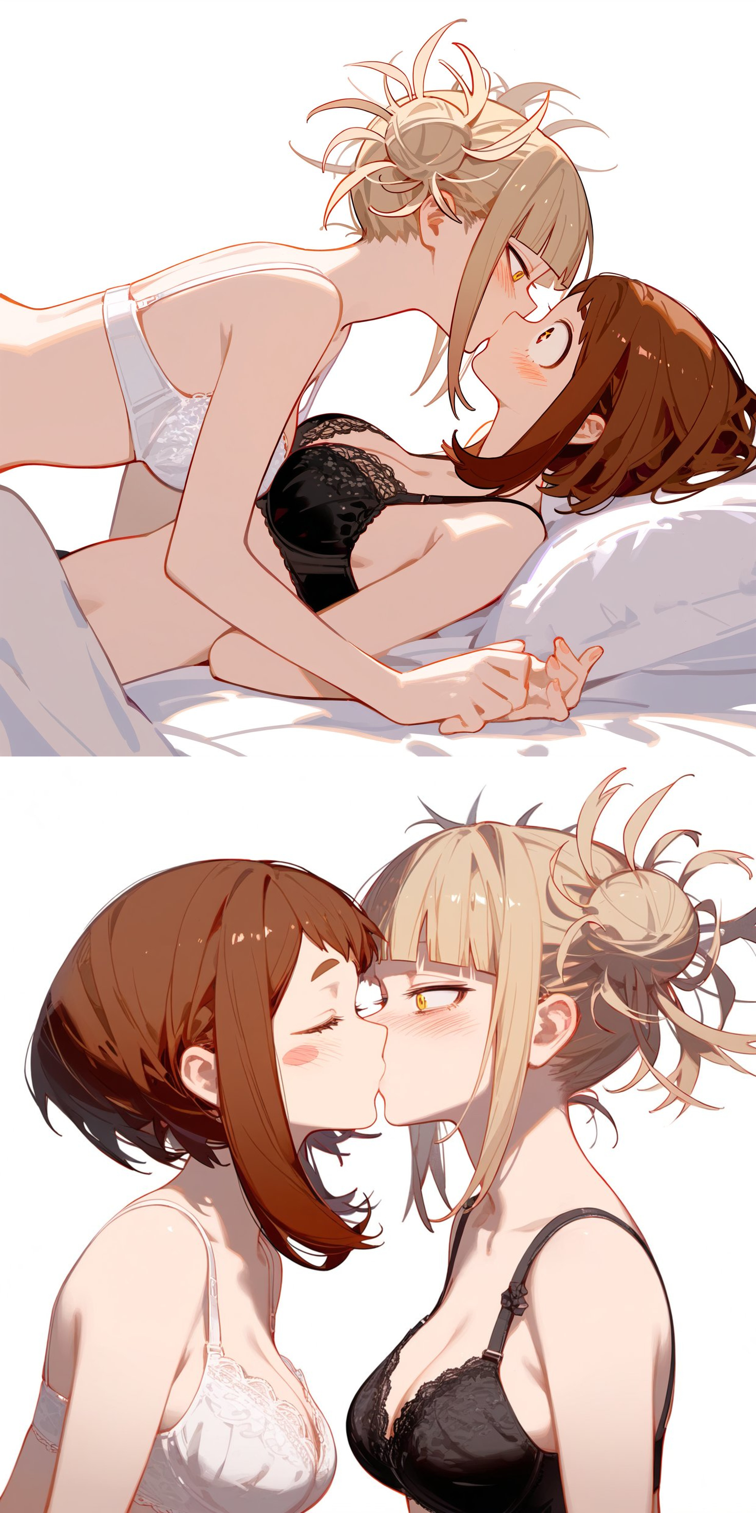 2girls, ai generated, blonde hair, blonde-haired female, boku no hero academia, brown hair, brown-haired female, drowsy sheep, lesbian kiss, my hero academia, toga himiko, uraraka ochako