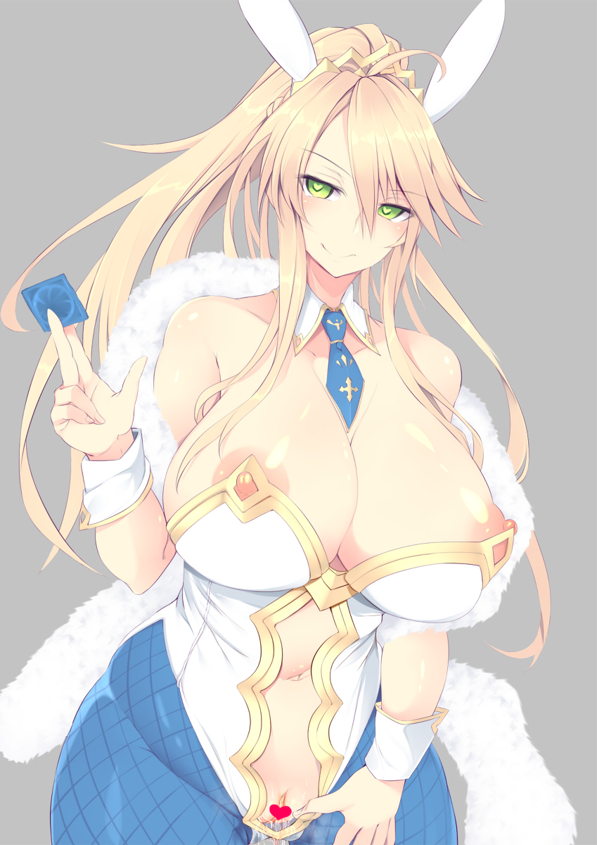 artoria pendragon (lancer), artoria pendragon (swimsuit ruler), artoria pendragon (swimsuit ruler) (fate), asking for it, belly button, blonde hair, blush, bunny ears, bunny girl, bunnysuit, condom, detached collar, dripping pussy, exposed pussy, fate (series), fate/grand order, female, female only, functionally nude, green eyes, heart-shaped pupils, large breasts, looking at viewer, nipples, nipples visible through clothing, ponytail, smile, sukage, tie, wet, wet pussy