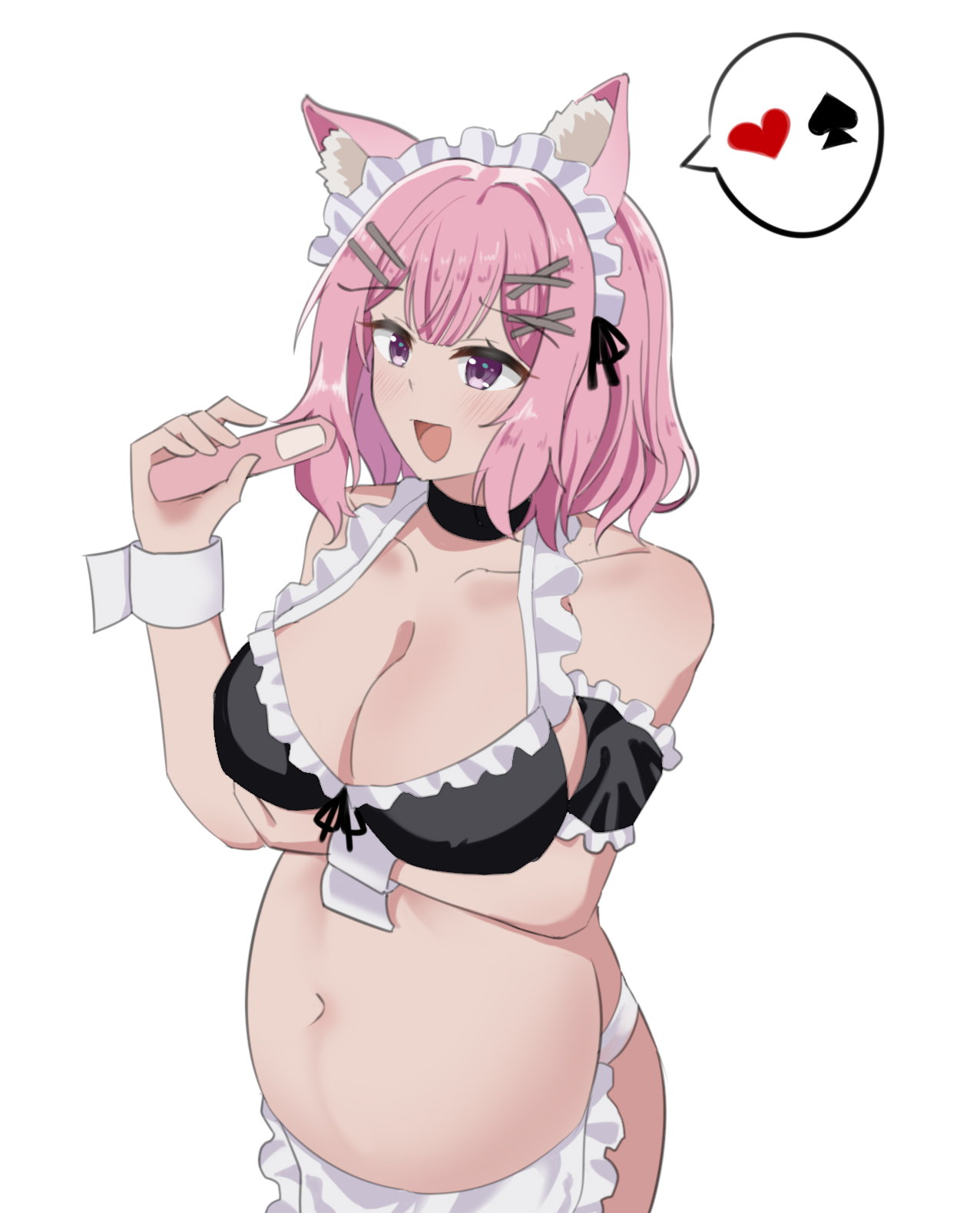 1girls, amaori renako, animal ear fluff, animal ears, apron, arm garter, arm up, artist request, belly, black choker, black ribbon, breasts, cat ears, choker, garter, hair ribbon, hairclip, happy, headdress, highres, holding object, large breasts, maid, maid apron, maid headdress, medium hair, navel, open mouth, orientation play, pale skin, pink hair, pregnancy test, pregnant, pregnant female, ribbon, simple background, smile, solo, spade, speech bubble, spoken heart, spoken symbol, standing, stomach, straight, watashi ga koibito ni nareru wake naijan murimuri, white background