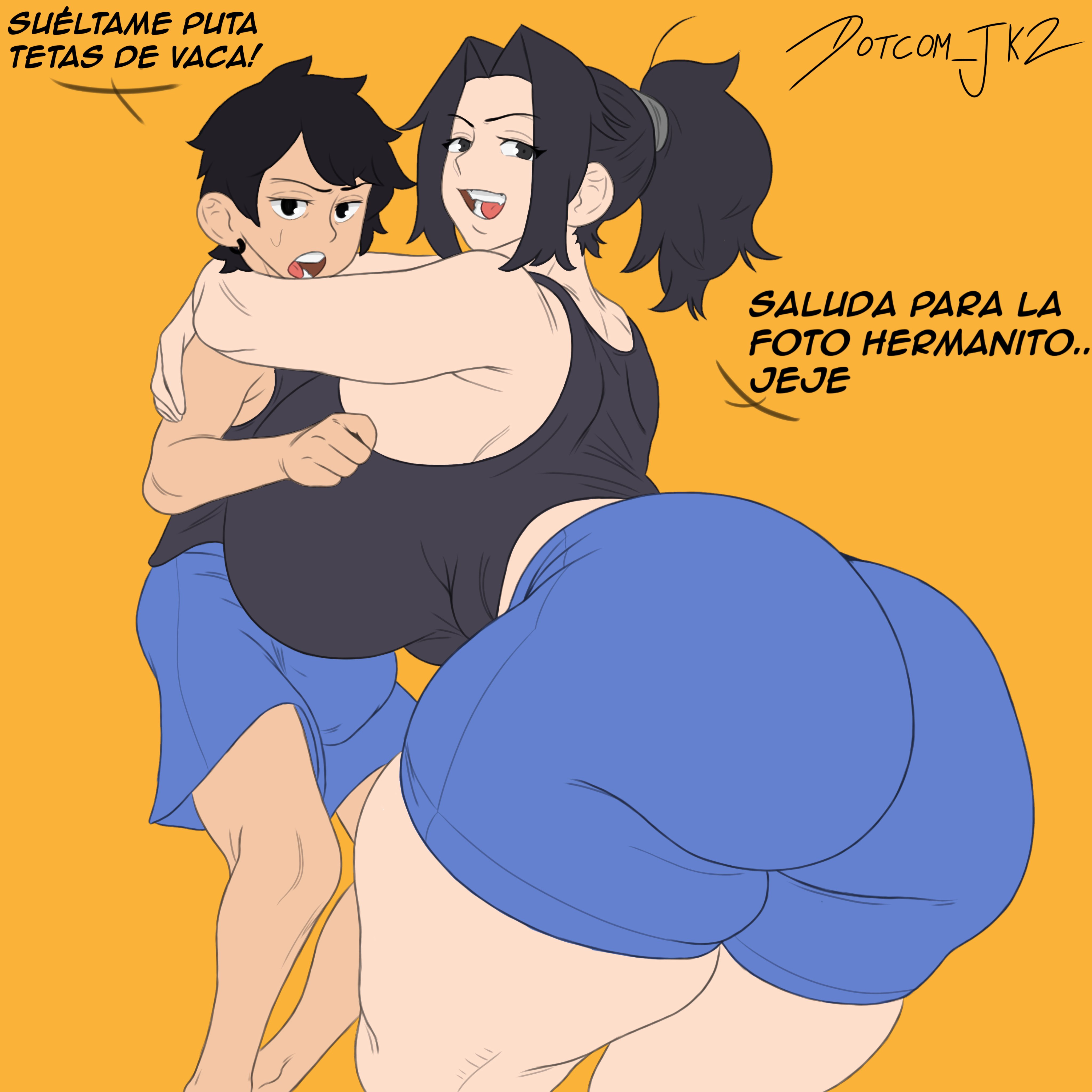 1boy, 1girls, artist signature, black hair, boobs, breasts, brother and sister, bulge through clothing, clothing, dot (dotcom jk2), dotcom jk2, dotcom-chan, earrings, fat ass, hubrege breasts, huge boobs, short hair, shorts, siblings, size difference, spanish text, sweat, sweatdrop, sweating, text, tied hair