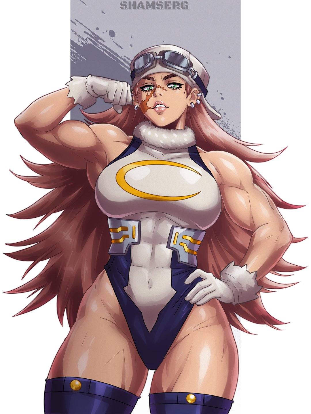 1girls, abs, bicep, clothed, clothing, gachiakuta, hand on hip, looking at viewer, mildretta, miruko (cosplay), muscular, muscular female, my hero academia, shamserg, solo, solo female