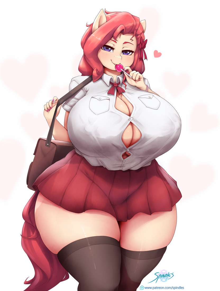 1girls animal_ears ass big_breasts breasts button_gap character_request chubby curvy eye_contact female female_only furry half-closed_eyes heart huge_ass huge_breasts huge_thighs looking_at_viewer my_little_pony nipple_bulge nipples_visible_through_clothing patreon purple_eyes red_hair ribbon school_uniform seductive_look skirt solo source_request spindles sucking_lollipop tail text thick_thighs thighhighs url voluptuous watermark wide_hips