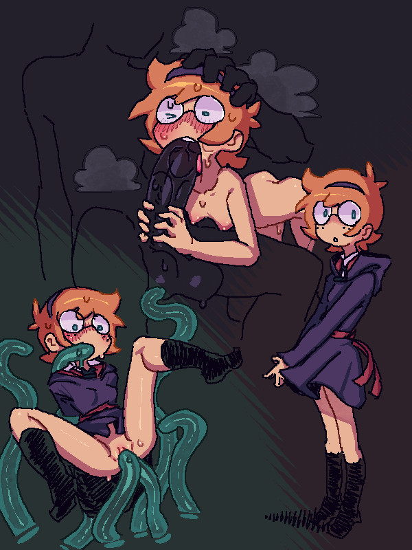 1boy, 1girls, blush, glasses, little witch academia, lotte jansson, oral, short hair, spread legs, straight, tentacle, tentacle sex, triple penetration