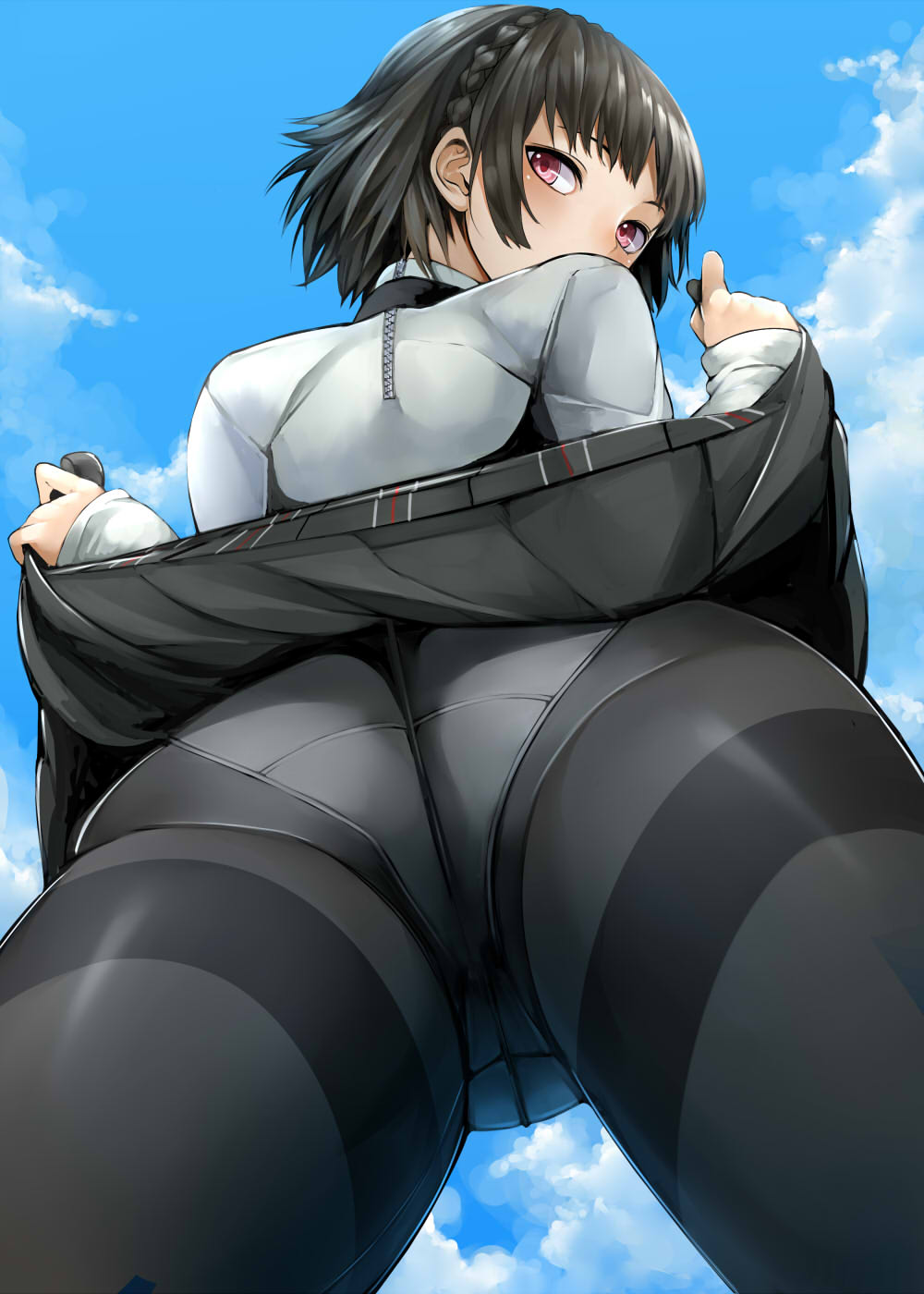 ass, atlus, big breasts, breasts, brown hair, female, female only, from behind, looking back, low-angle view, makoto niijima, nemu (nebusokugimi), panties, pantyhose, persona, persona 5, red eyes, short hair, shuujin academy uniform, skirt, skirt lift, solo, teenage female, thick thighs, upskirt, white panties