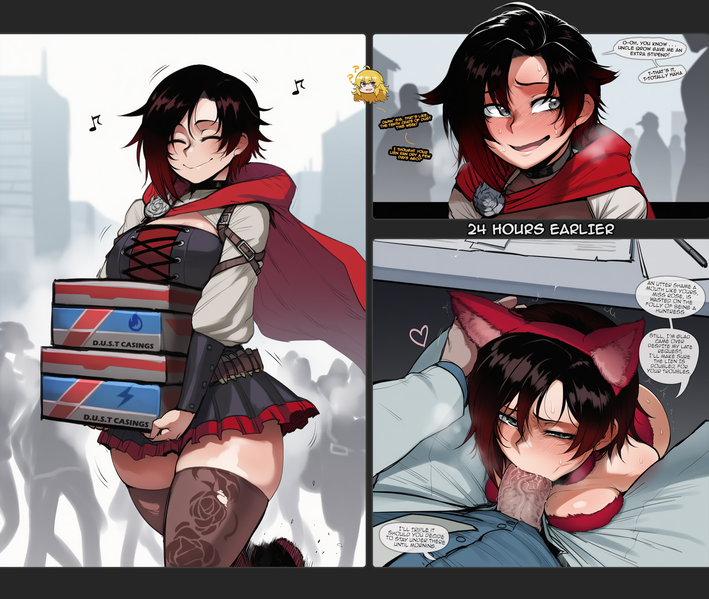1boy, 1girls, ai generated, big penis, black hair, blowjob, cape, chibi, cloak, comic, corset, drooling, english dialogue, english text, fake animal ears, fellatio, fur bikini, hand on head, heart, hidden sex, jacques schnee, jazzifu, light-skinned female, light-skinned male, looking at viewer, nervous, nervous smile, older male and younger female, panels, porn with plot, pov, prostitution, protagonistsub antagonistdom, red hair, ruby rose, rwby, self upload, silver hair, story, suit, sweat, text, thick thighs, under the table, uneven eyes, yang xiao long