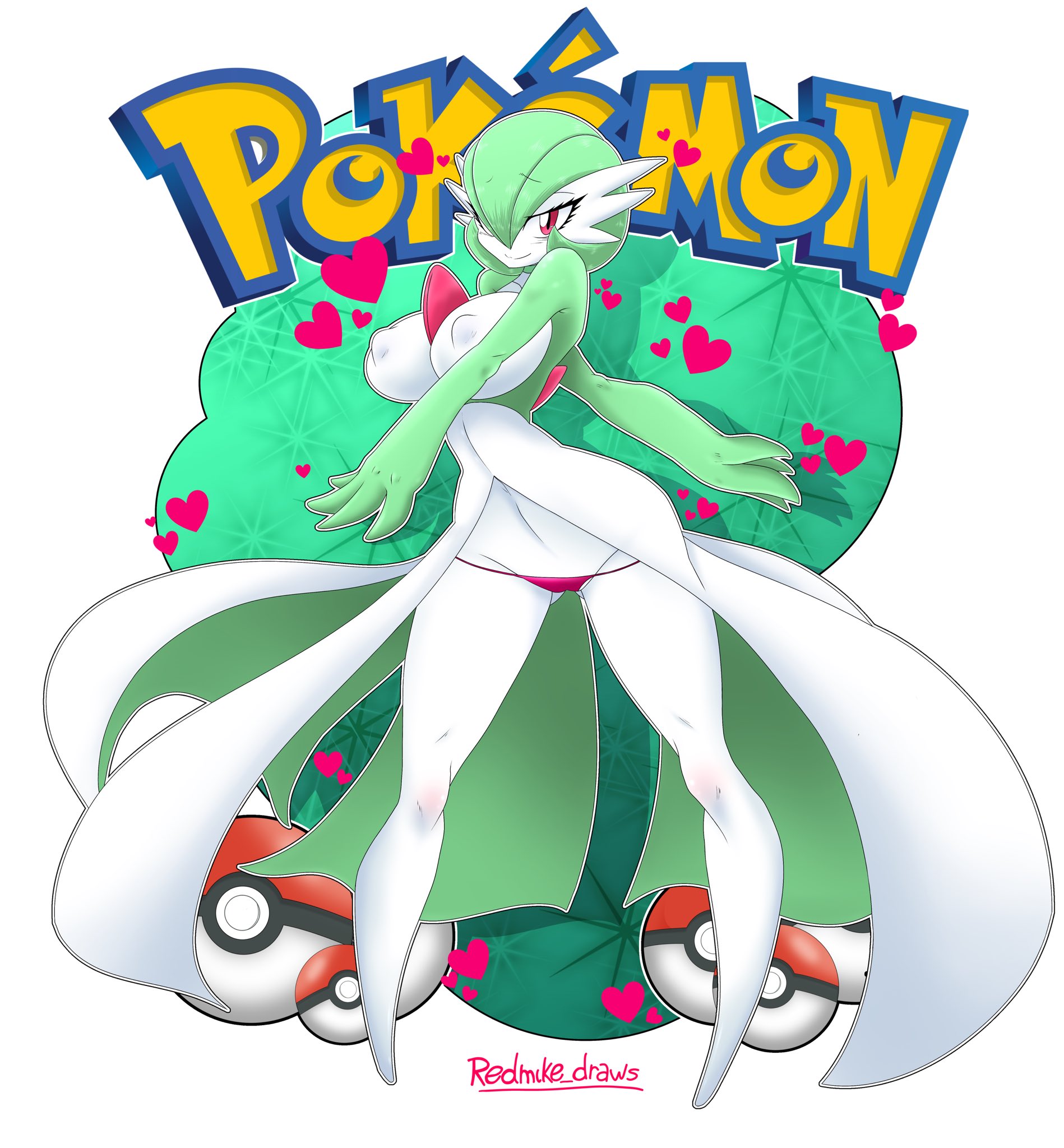 1girls, breasts, campbel1kim, curvy, exposed navel, gardevoir, green hair, hearts around head, hips, hips wider than shoulders, large breasts, looking at viewer, monster girl, nintendo, nipple bulge, panties, pokemon, pokemon (species), red eyes, redmike draws, sirnight, skirt, solo female, thighs, voluptuous, white body, wide hips