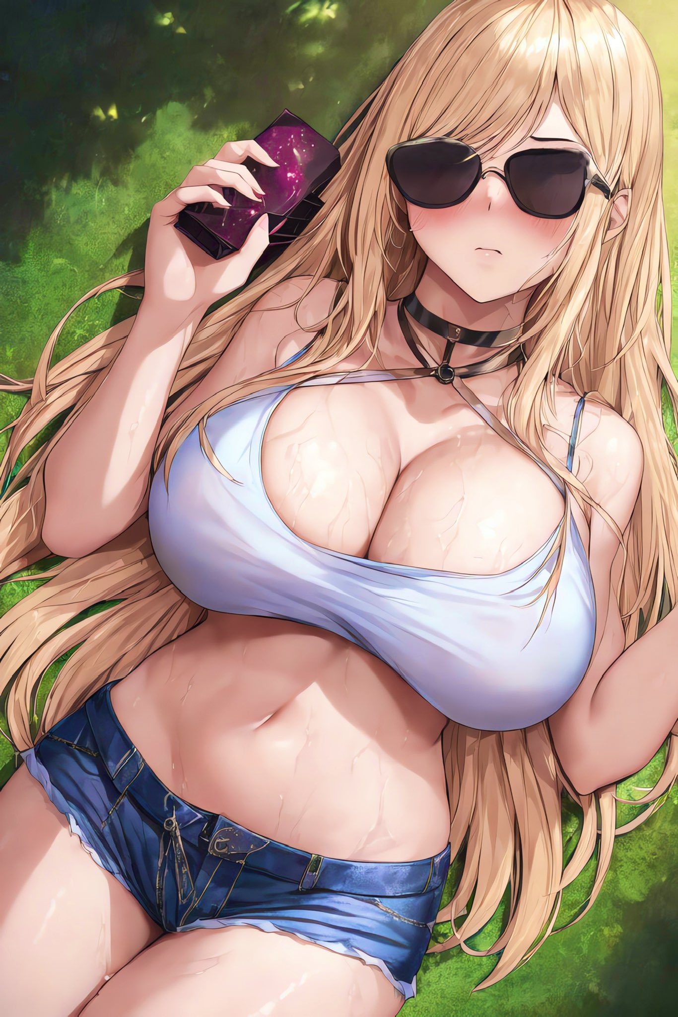 2023, ai generated, big breasts, blonde hair, breasts, curvy body, curvy figure, female, female focus, female only, hi res, high resolution, kitagawa marin, long hair, midriff, mommy, shorts, sono bisque doll wa koi wo suru, stable diffusion, sunglasses, tinted eyewear, voluptuous female