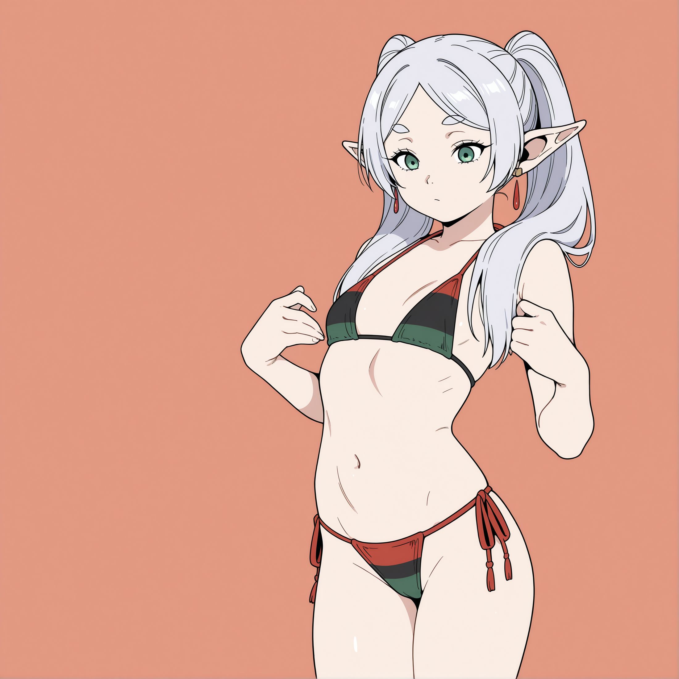 1girls, ai generated, bikini, clothed, cuckold, earrings, female, femdom, fit, frieren, frieren beyond journey's end, green eyes, interracial, light-skinned female, navel, pan-african flag, pan-african flag bikini, seductive, seductive body, seductive female, shrubby, skinny, teasing, white hair