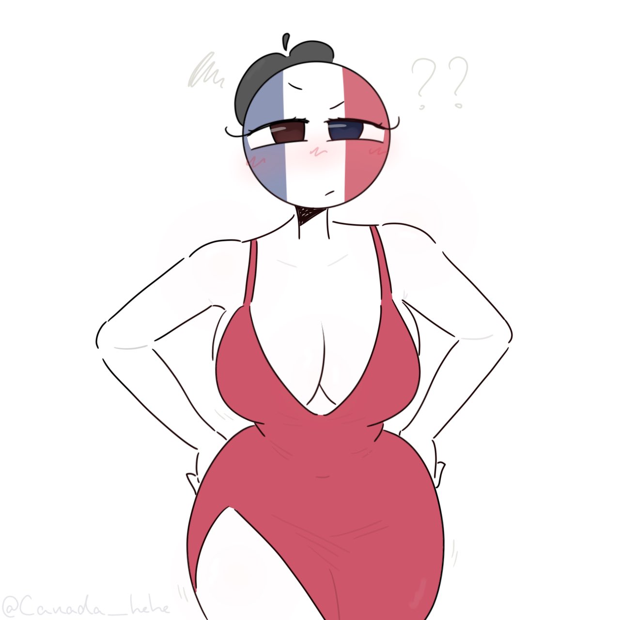 1girls, annoyed expression, big breasts, blue eyes, cleavage, countryhumans, countryhumans girl, different eye color, france (countryhumans), hands on hips, looking at viewer, red dress, red eyes, stare, thick thighs, white background, white body, white skin, xx.canada.xx