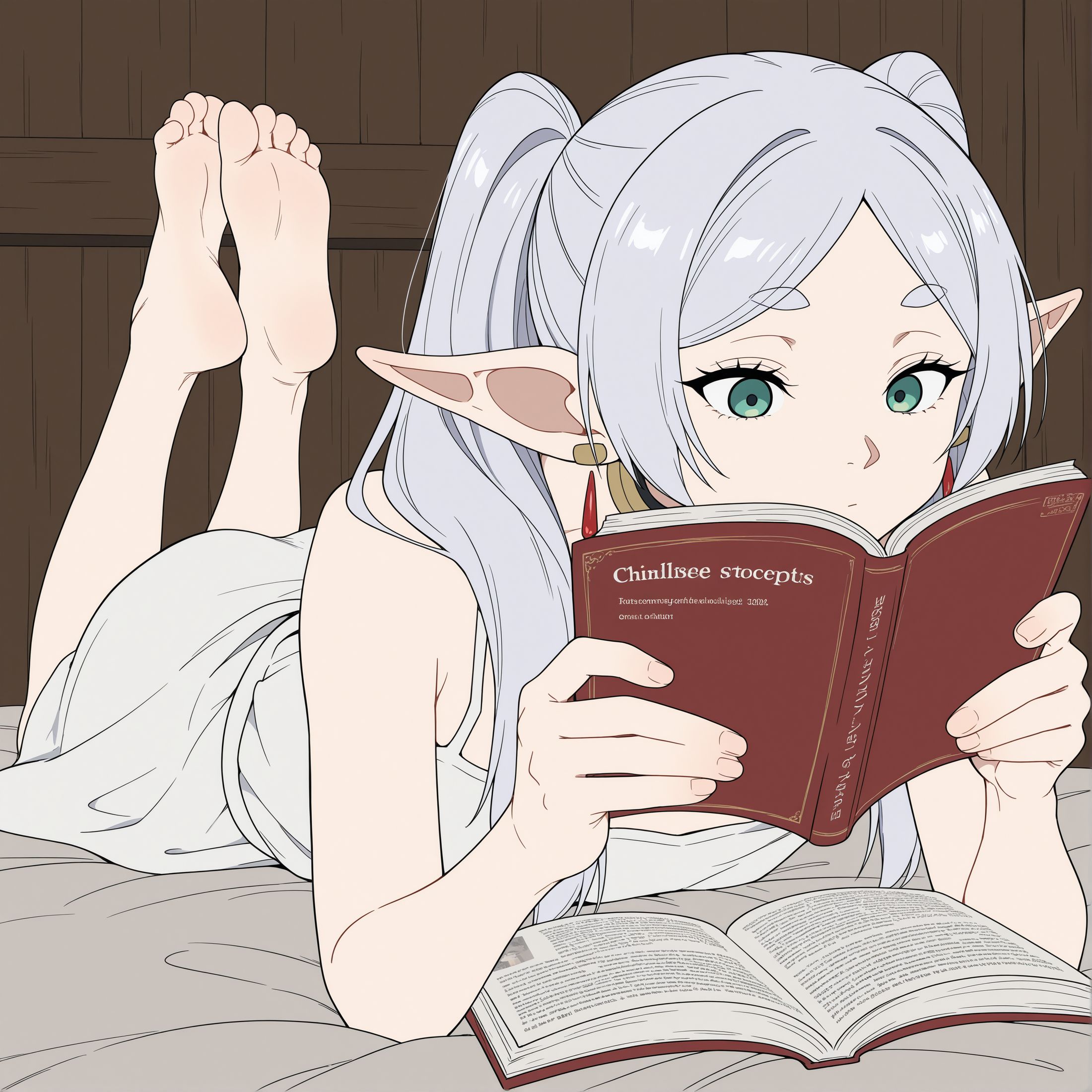 1girls, ai generated, feet, feet up, female, foot fetish, foot focus, frieren, frieren beyond journey's end, green eyes, legs, light-skinned female, seductive, seductive body, seductive female, shrubby, the pose, white hair