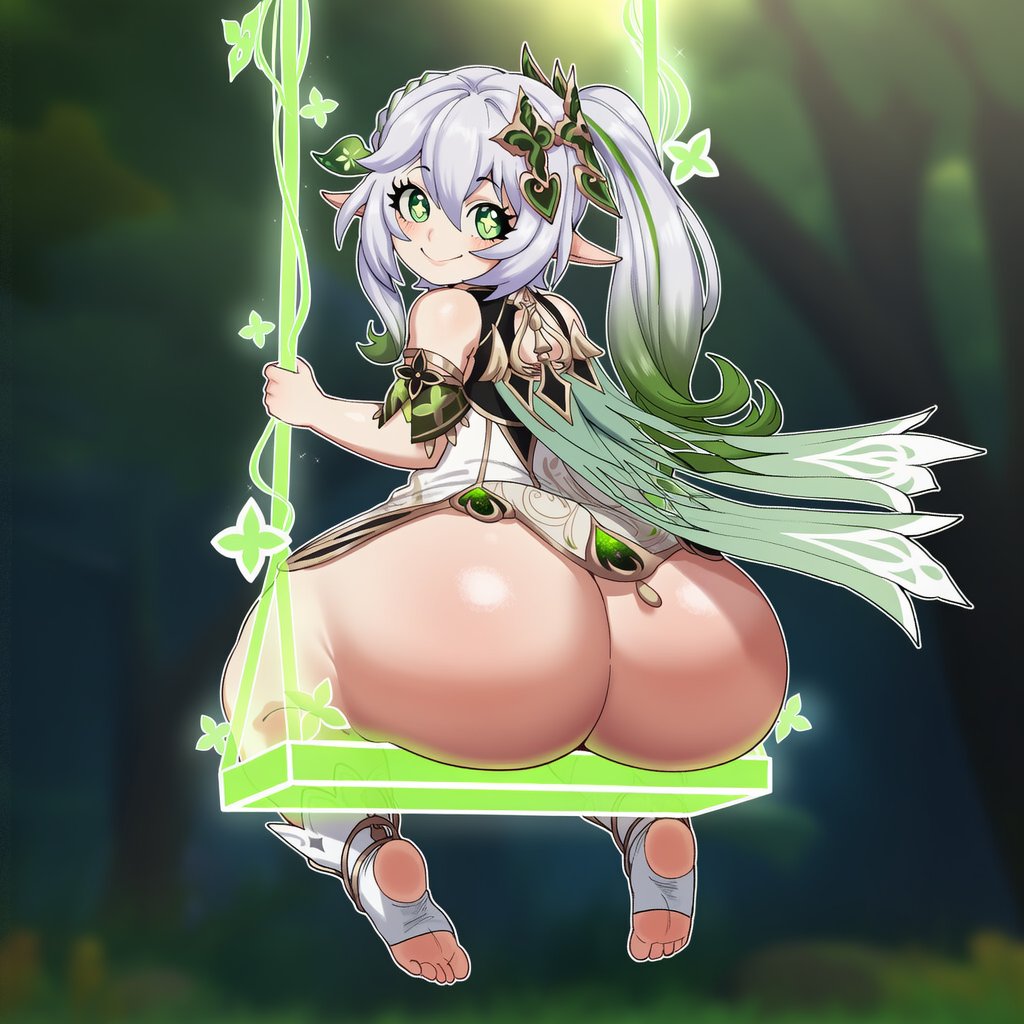 1girls, 2d, ai generated, ass, back, back view, blush, bottom heavy, bubble butt, colored, dress, female, genshin impact, gigantic ass, globogloboai, green eyes, hips, huge ass, huge thighs, light-skinned female, looking at viewer, looking back, makeup, nahida (genshin impact), ponytail, seductive, shiny skin, smile, tagme, teasing, thick thighs, thighs, twitter link, two-tone clothing, two-tone hair, white dress, white hair