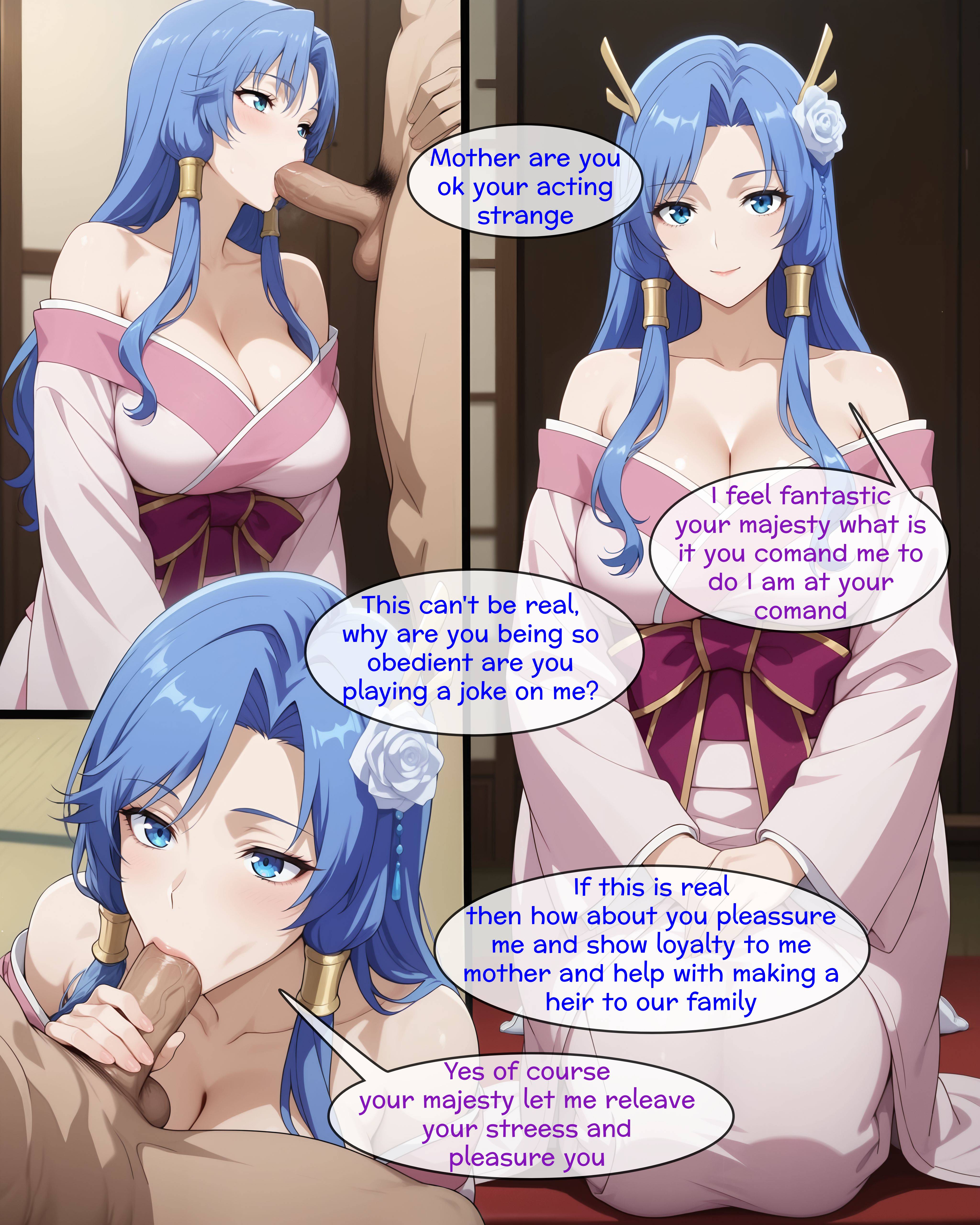 1boy, 1boy1girl, ai generated, antlers, balls, big breasts, big penis, blowjob, blowjob face, blue eyes, blue hair, blush, comic, comic page, dragon antlers, dragon girl, english, english text, excel walter, feet, feet fetish, fellatio, female, flower in hair, foot fetish, genjitsu shugi yuusha no oukoku saikenki, hair ornament, hipnosis, horns, incest, kimono, light skin, light-skinned female, mature, mature female, milf, mind control, mother, mother and son, nude male, oral, oral sex, penis, penis in mouth, perfect body, saliva, saliva on penis, sex, sexy female, smile, son and mother, speech bubble, sucking, sucking penis, uncensored, very long hair