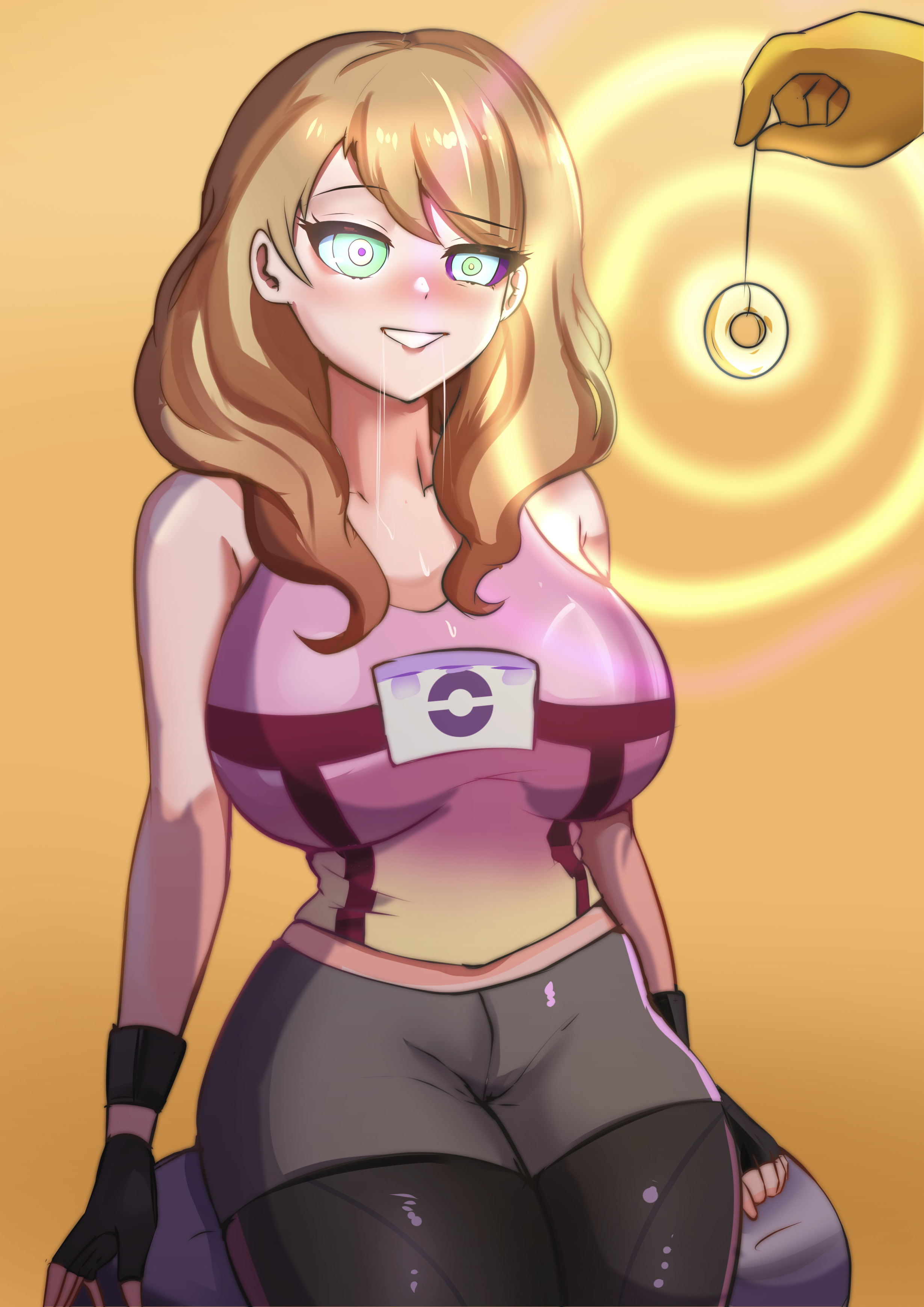 big breasts, blonde hair, brainwashed, brainwashing, breedable hips, drool, drooling, hypno, hypnosis, kaa eyes, oc, pendulum, pokemon, valvalis