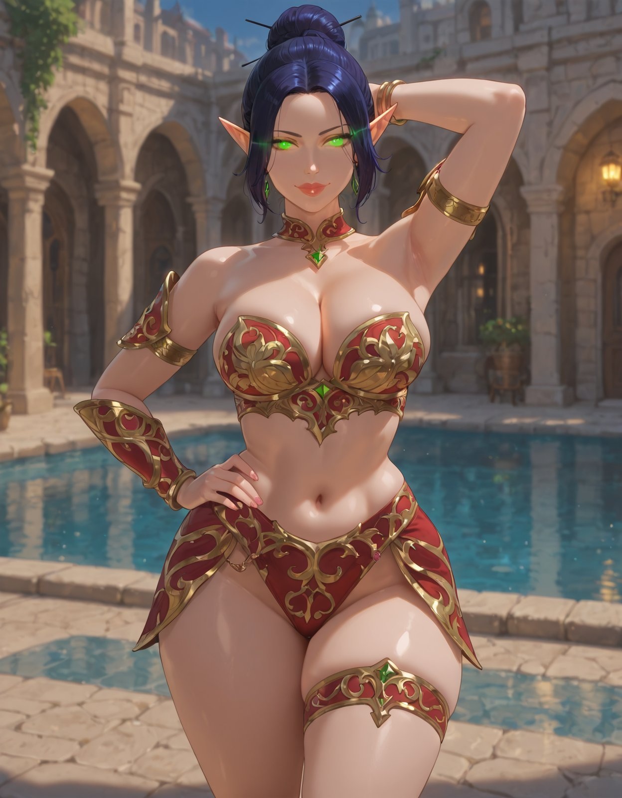 1girls, ai generated, architecture, arm behind head, arm guards, armlet, armored female, armpits, bangle, bikini armor, blood elf, bracers, bun hair, bursting breasts, courtyard, dark blue hair, elf, female, female only, glowing eyes, green eyes, hair pin, hair strand, hand on hip, large breasts, leg guards, neck accessory, necklace, one arm behind head, one hand on hip, one leg forward, pendant choker, plant, pointy ears, poolside, rgomez007, royalty, solo female, stable diffusion, thick lips, thick thighs, thigh armor, thighlet, updo, warrior, wide hips, world of warcraft