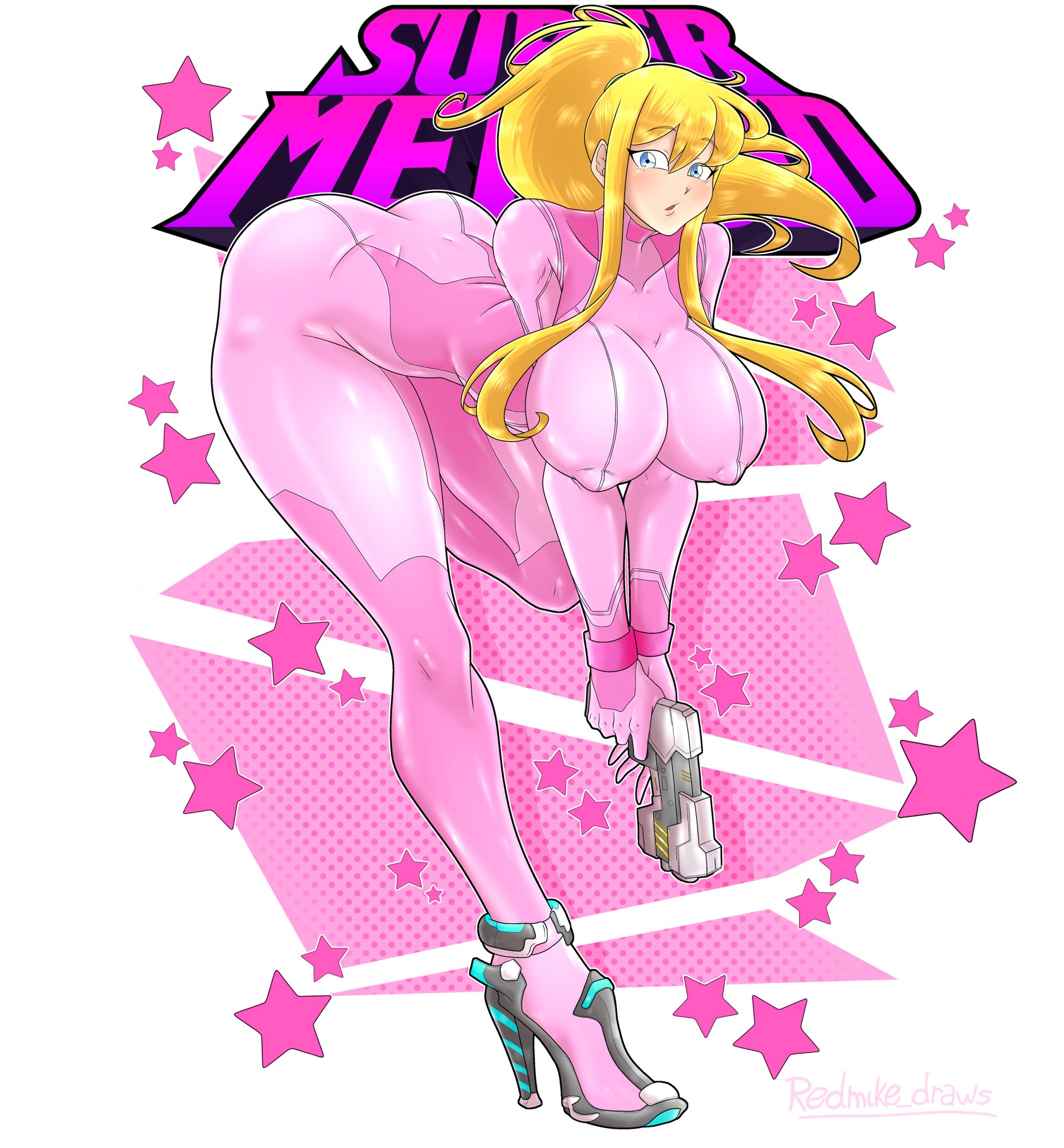 1girls, action pose, alternate costume, ass, big ass, blonde hair, blue eyes, bodysuit, boobs bigger than head, breasts, breasts bigger than head, curvy, hanging breasts, high heels, holding weapon, huge breasts, large breasts, long legs, looking at viewer, metroid, nintendo, nipple bulge, ponytail, redmike draws, samus aran, solo female, thick thighs, voluptuous, zero suit, zero suit samus