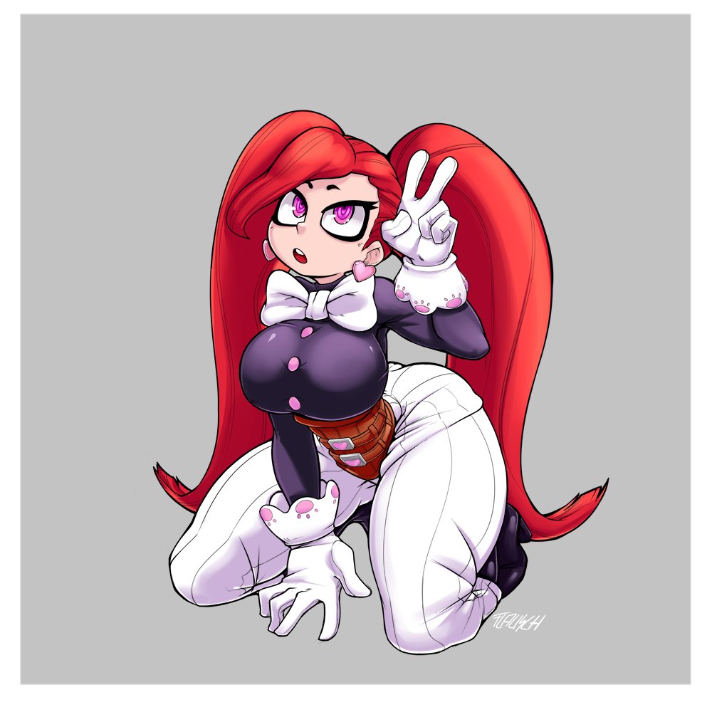 1girls, aiba manami, belt, boots, bowtie, earrings, eyeliner, female, flauschdraws, gloves, heart earrings, la brava (my hero academia), my hero academia, pink eyes, red hair, solo, tagme, thick thighs