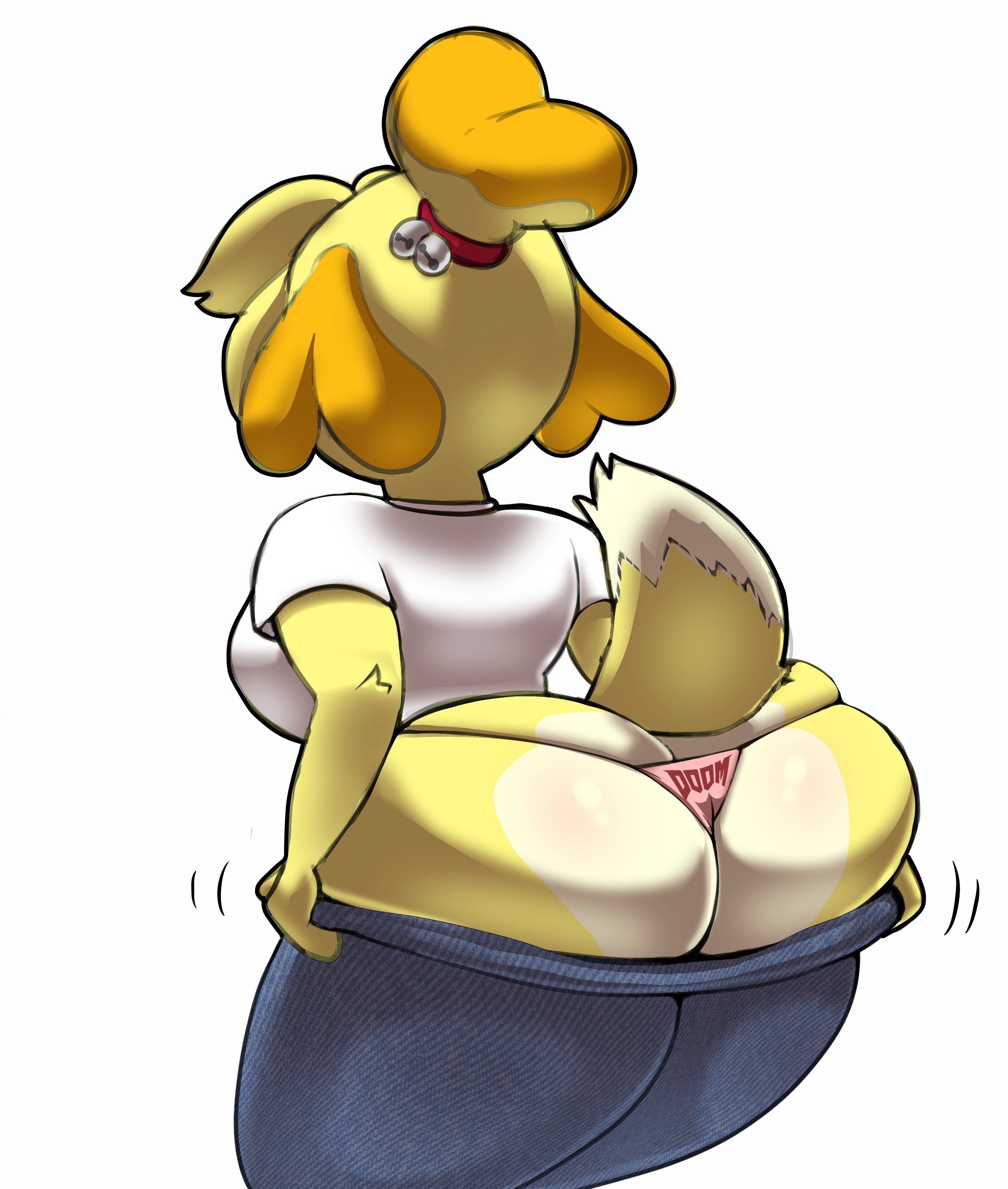 1girls, alternate breast size, alternate outfit, animal crossing, anthro, ass, ass cleavage, ass crack, big ass, bottom heavy, breasts, butt crack, canine, crossover, doom, dressing, female, female only, from behind, furry, huge ass, isabelle (animal crossing), jeans, large breasts, nintendo, panties, pants, parumpi, shirt, struggling, struggling to fit, tail, thick thighs, thong, tight clothing, tight jeans, tight pants, wide hips