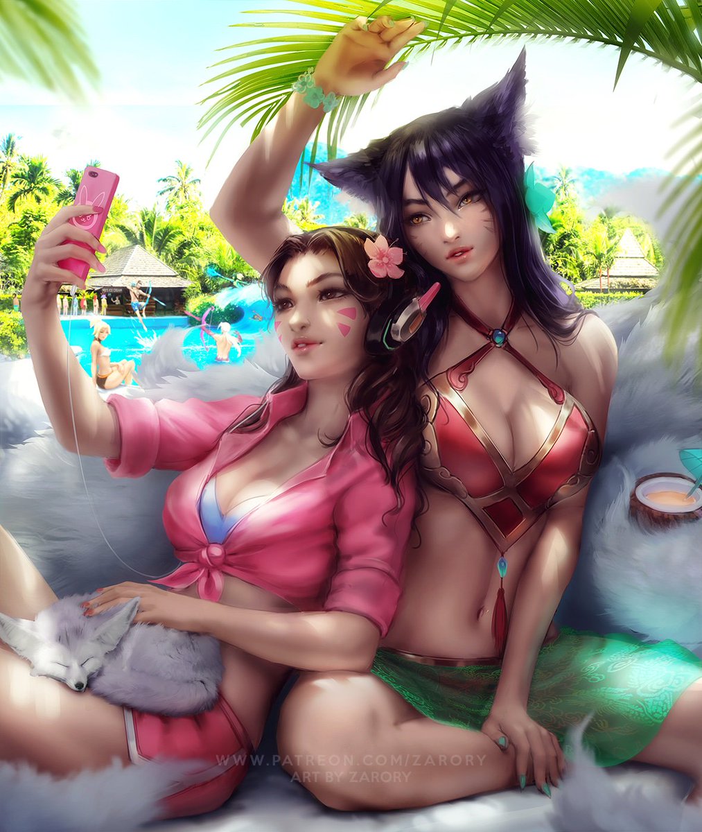 2girls, ahri, clothed, crossover, d.va, female, female only, league of legends, mercy, multiple females, multiple girls, overwatch, pool, pool party series, poolside, zarory