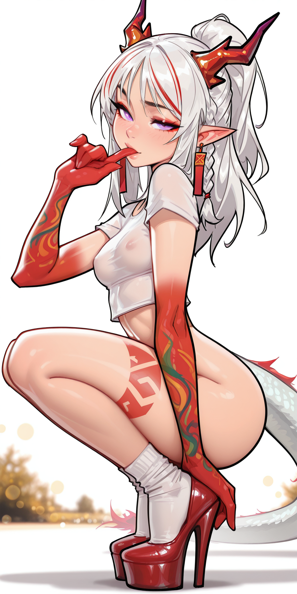 1girls, ai generated, arched back, arknights, arm support, ass, bottomless, braid, covered nipples, crop top, dragon girl, dragon horns, dragon tail, earrings, female, finger in mouth, half-closed eyes, head tilt, high heels, horns, index finger raised, leg tattoo, long hair, looking at viewer, mascara, molamaxuy, naughty face, nian (arknights), perfect body, pointy ears, purple eyes, red footwear, red hands, see-through, sexy, sexy pose, short sleeves, side view, simple background, skinny, slutty female, small breasts, socks, solo, squatting, streaked hair, t-shirt, tail, two-tone hair, white background, white hair, white shirt, white socks